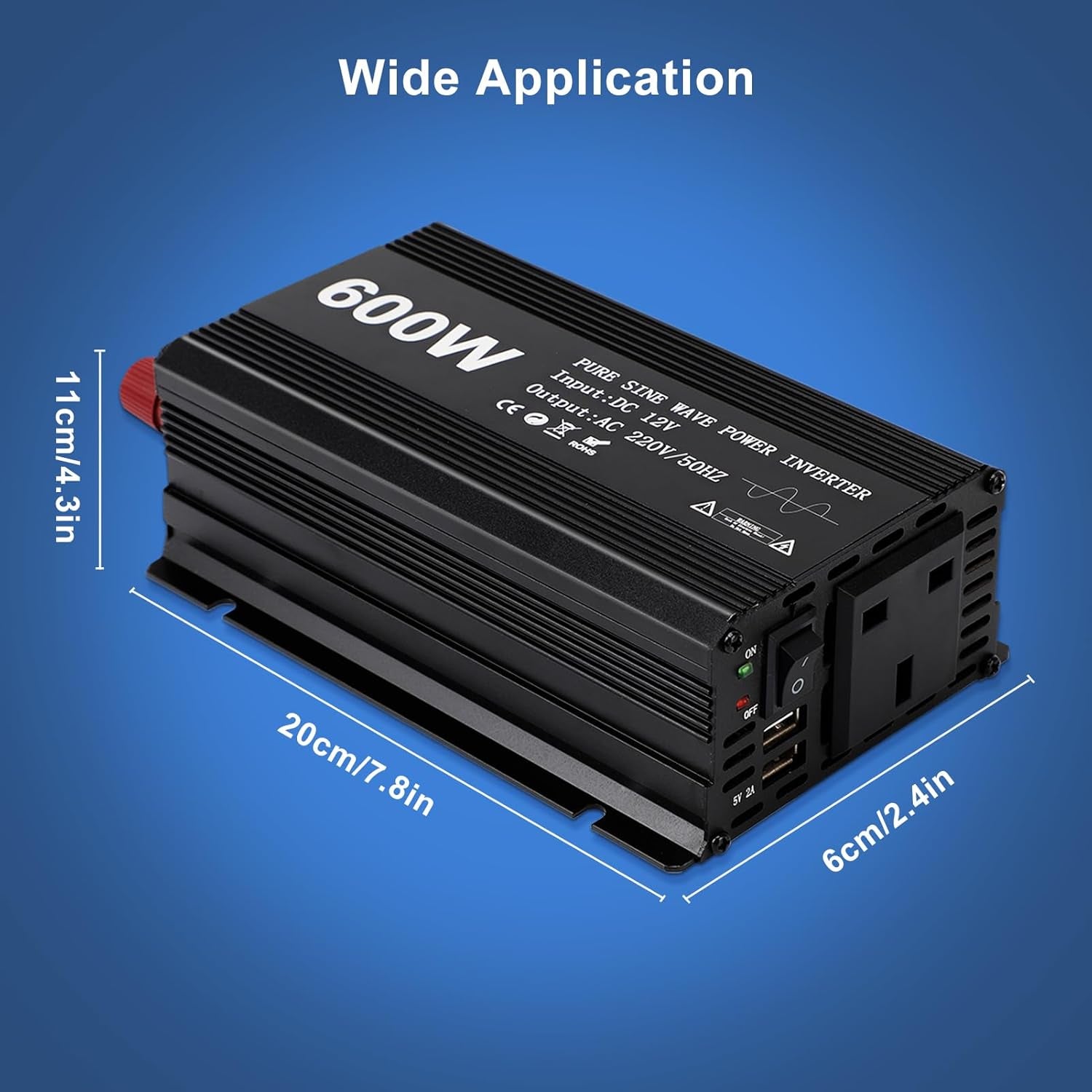 Aluminum Alloy 600W Pure Sine Wave Power Inverter - DC 12V to AC 230V Car Converter with 2 USB Ports and Cigarette Adapter