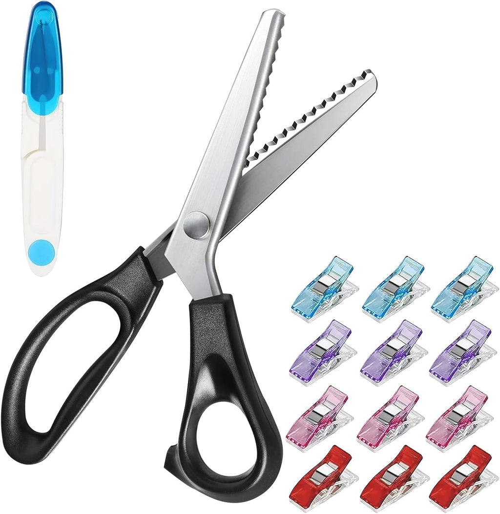 Fabric Scissor Set, Professional Dressmaking Scissors, Black Wavy Edge Craft, Comfort Grips Handled, Zig Zag Scissors with 12 Sewing Clips for Fabric and Blue Wire Cutters (Style 1)
