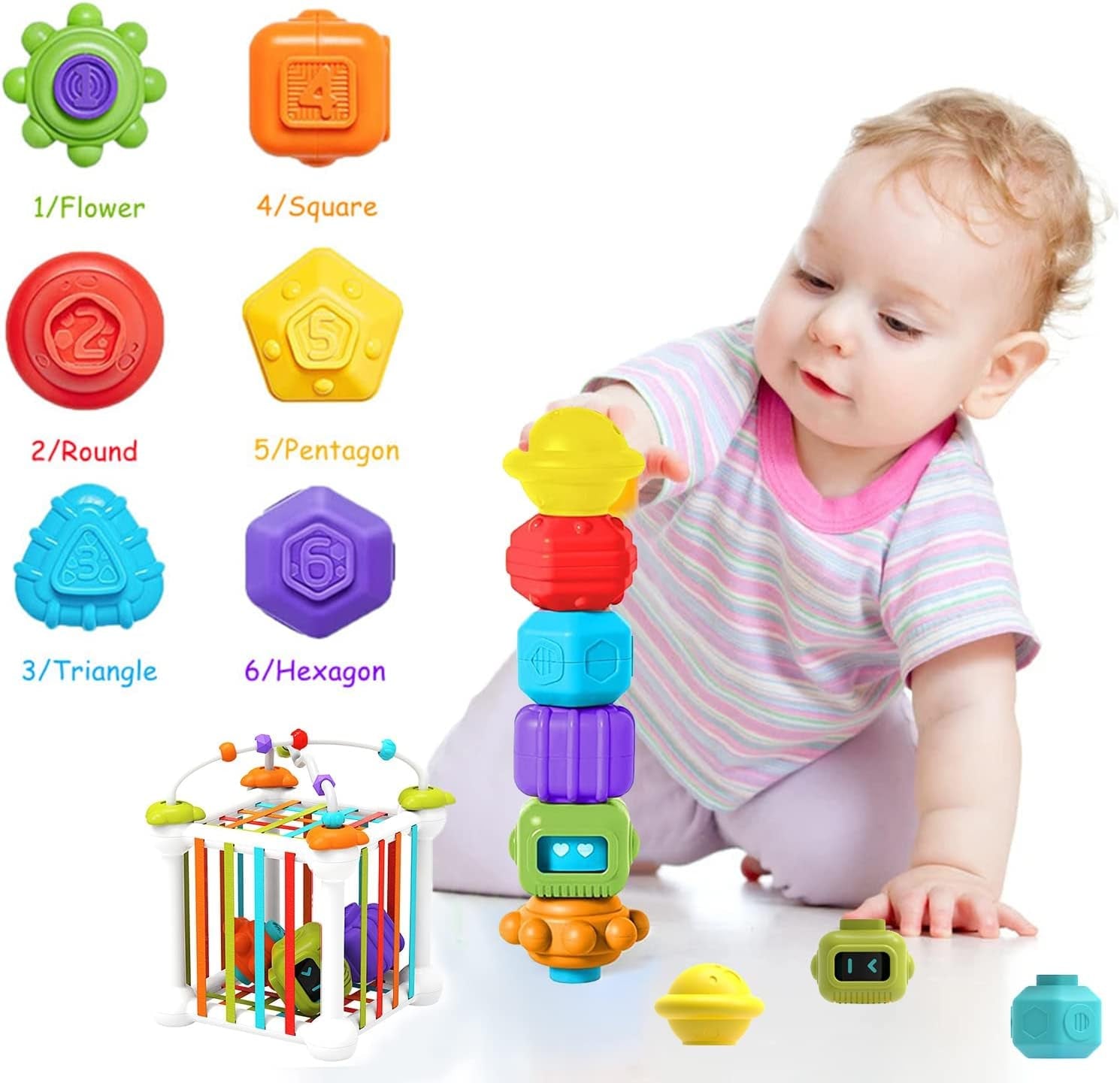 Montessori Toys for 1 2 Year Old Boy Girl, Baby Sensory Bin Shape Sorter Toys Colorful Cube, with 3 Suction Cup Spinning Top Toys and Bead Maze, Early Learning Toys for Toddlers Age 1-3 (12PCS)