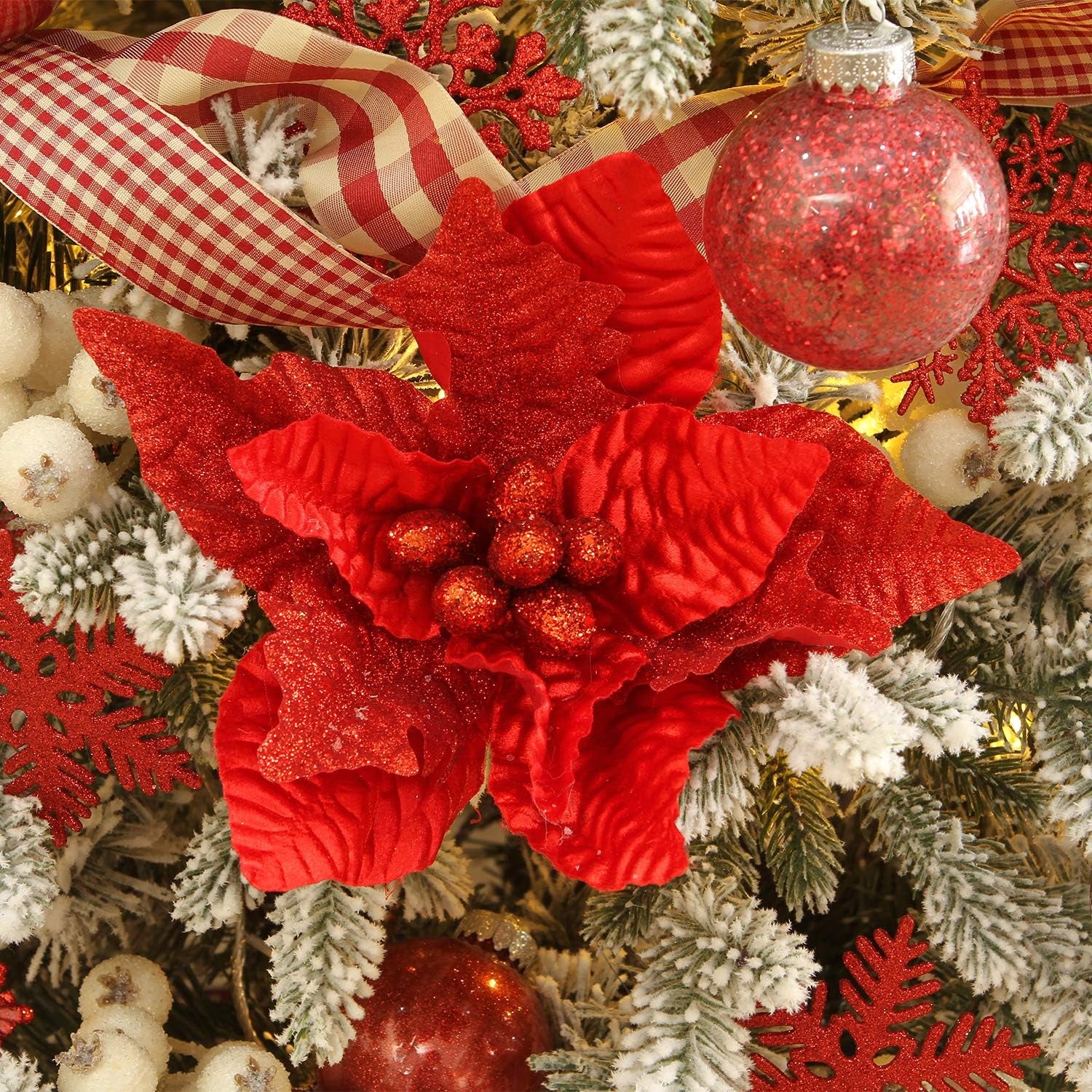 6-Pack Artificial Glitter Poinsettia Christmas Flower Ornaments Tree Decorations, 10-Inch, Red