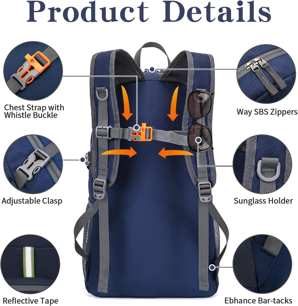 Hiking Backpack, 35L Camping Travel Backpack Packable Outdoor Sports Camping, Water Resistant Lightweight Travel Daypack for Men Women, Navy Blue