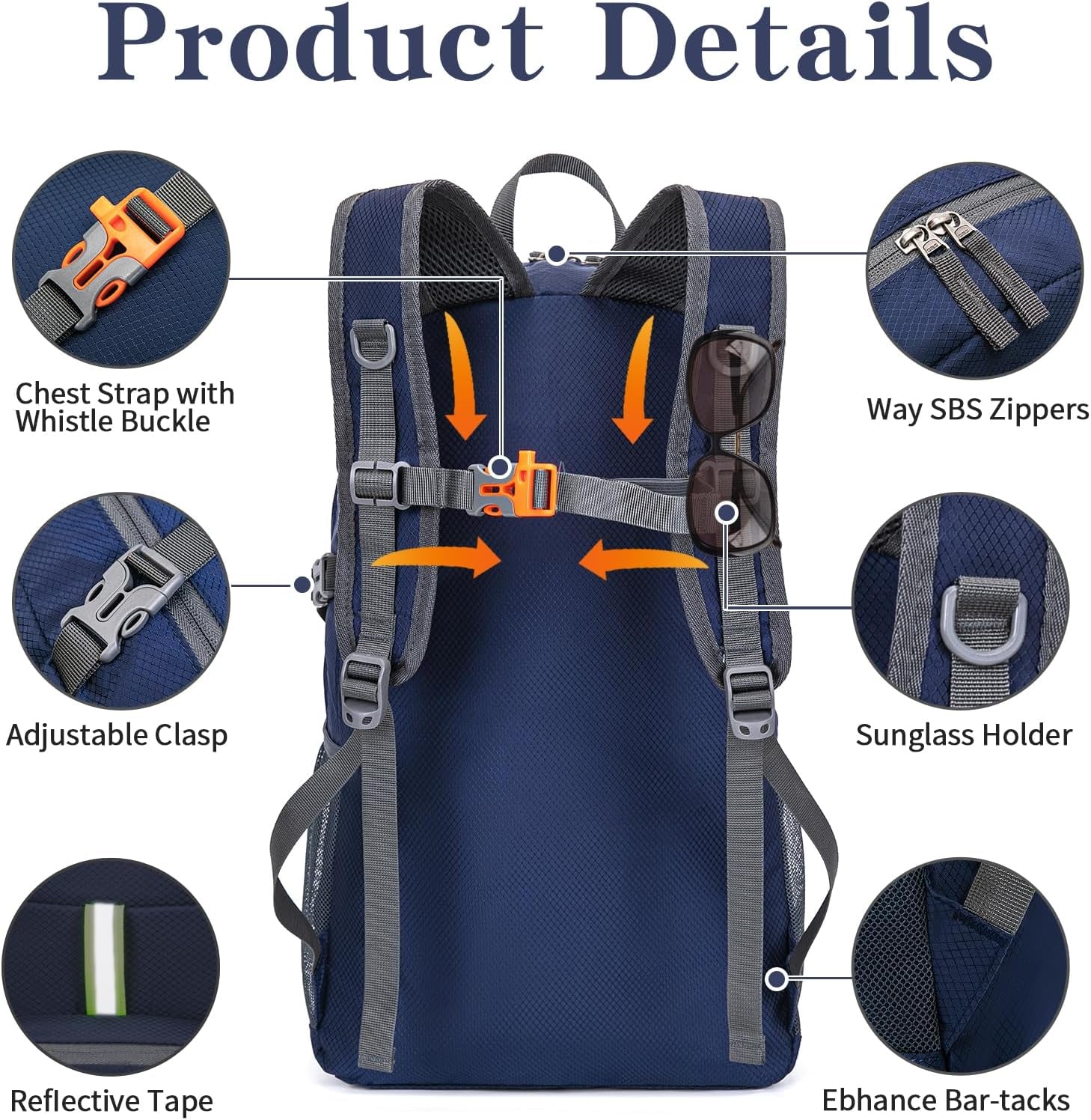 Hiking Backpack, 35L Camping Travel Backpack Packable Outdoor Sports Camping, Water Resistant Lightweight Travel Daypack for Men Women, Navy Blue