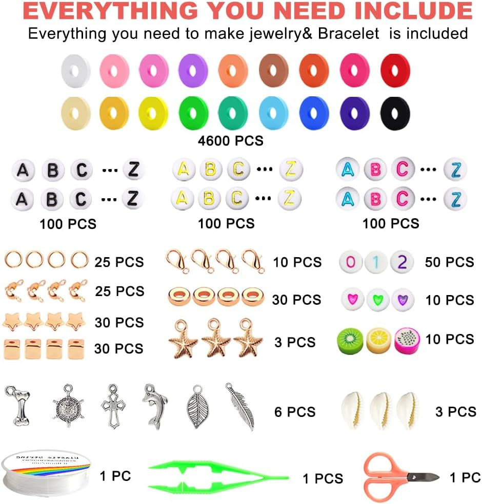 5300 Pcs Clay Beads Friendship Bracelet Making Kit, Preppy Flat Polymer Heishi Beads for Jewellery Making Kit, with Charms DIY Craft Gifts for Teen Girls
