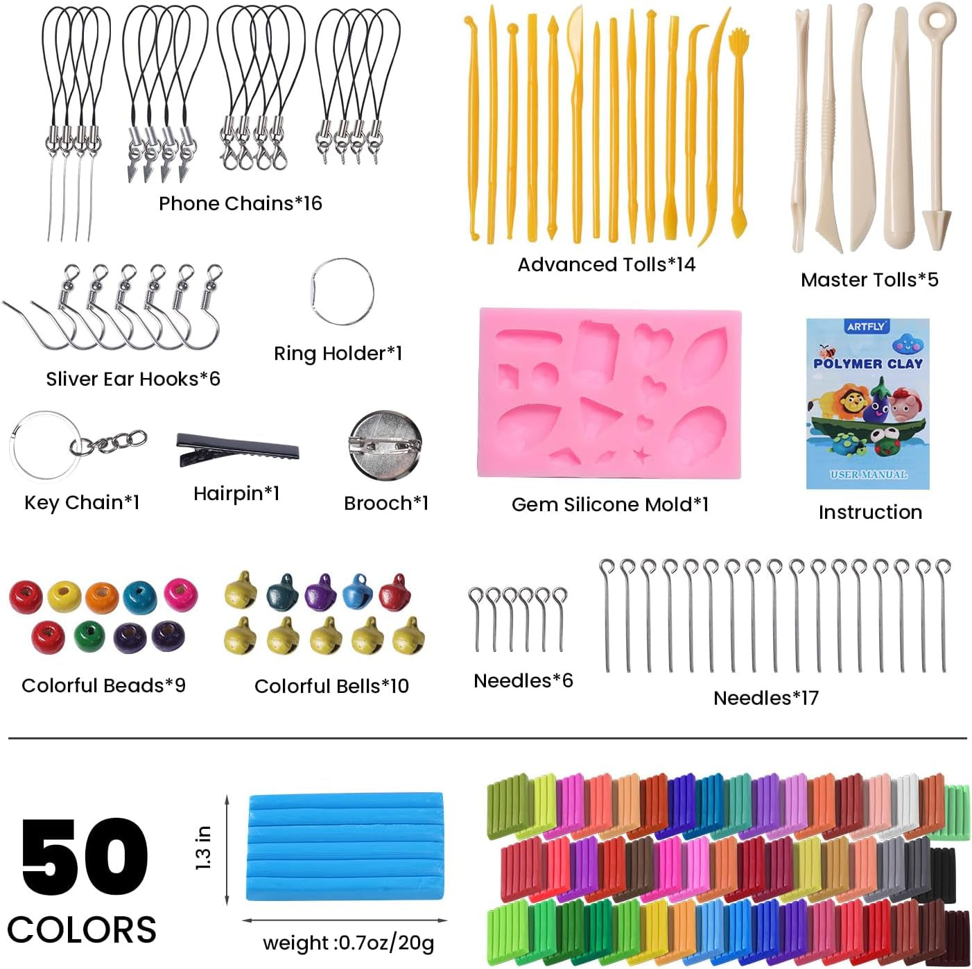 Polymer Clay, 50 Colors Clay Kit, Oven Bake Modeling Clay, Creative Polymer Clay Kit with Sculpting Tools and Jewelry Accessories, Non-Toxic, Ideal DIY Clay Gifts for Adults and Teens