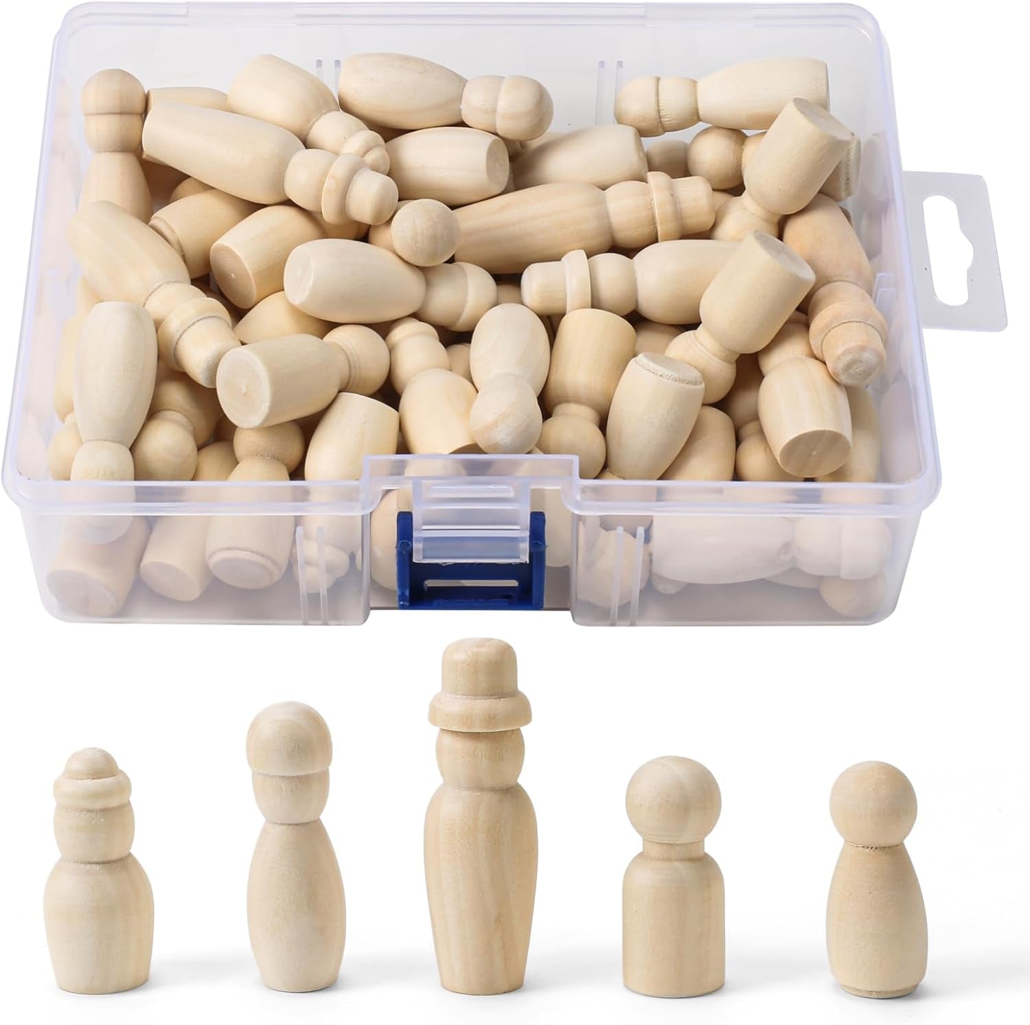 Wooden Peg Dolls - 60PCS Nature & Plain Wooden Figures, 4 Sizes, Unfinished People Shaped Dolls with Storage Box for Kids DIY Painting Crafts & Decoration