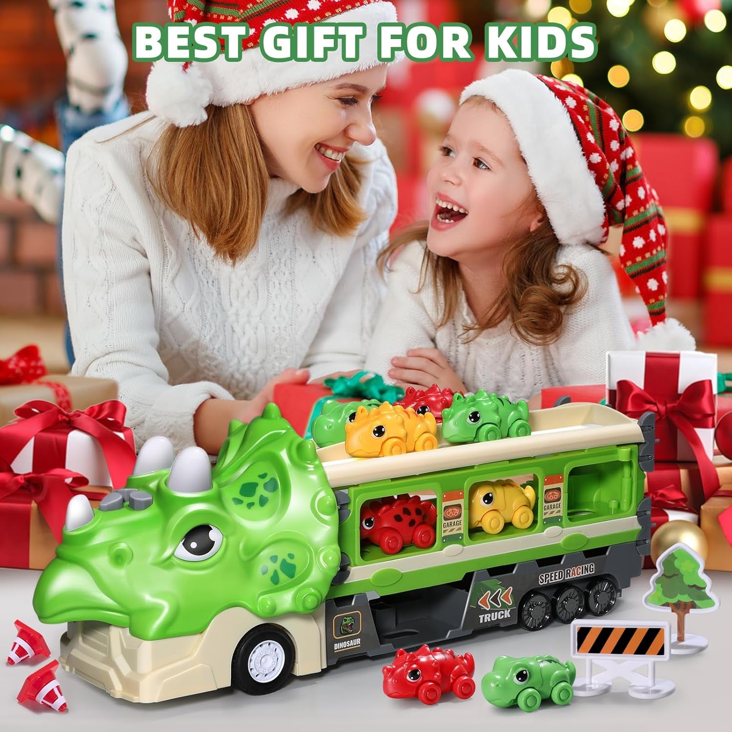 Green Dinosaur Toy Car-Foldable 117Cm Track with Launcher, Lights&Sounds, Safe ABS Plastic, Dual-Layer Storage,Includes 6 Mini Cars&12 Road Signs-Ideal Racing Playset for Kids Ages 3+