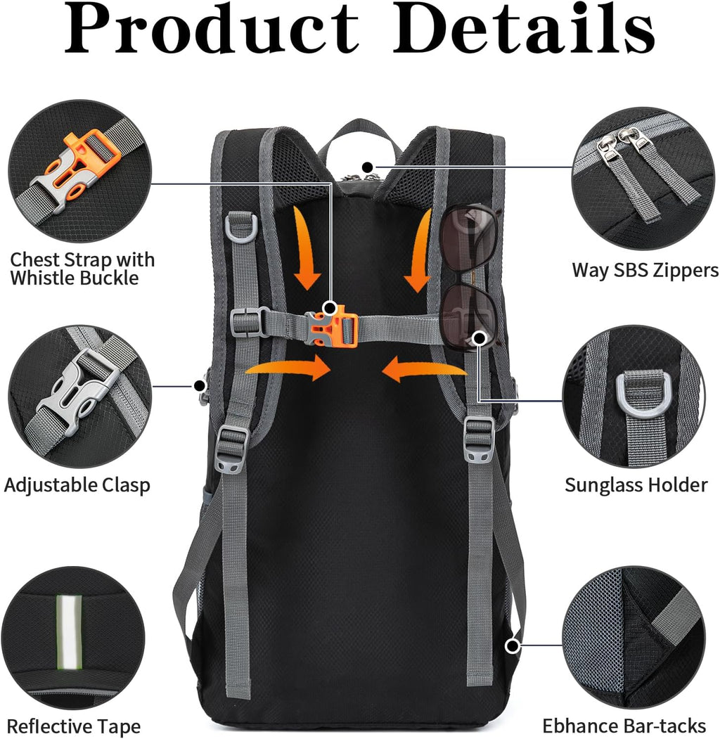 Hiking Backpack, 35L Camping Travel Backpack Packable Outdoor Sports Camping, Water Resistant Lightweight Travel Daypack for Men Women, Black