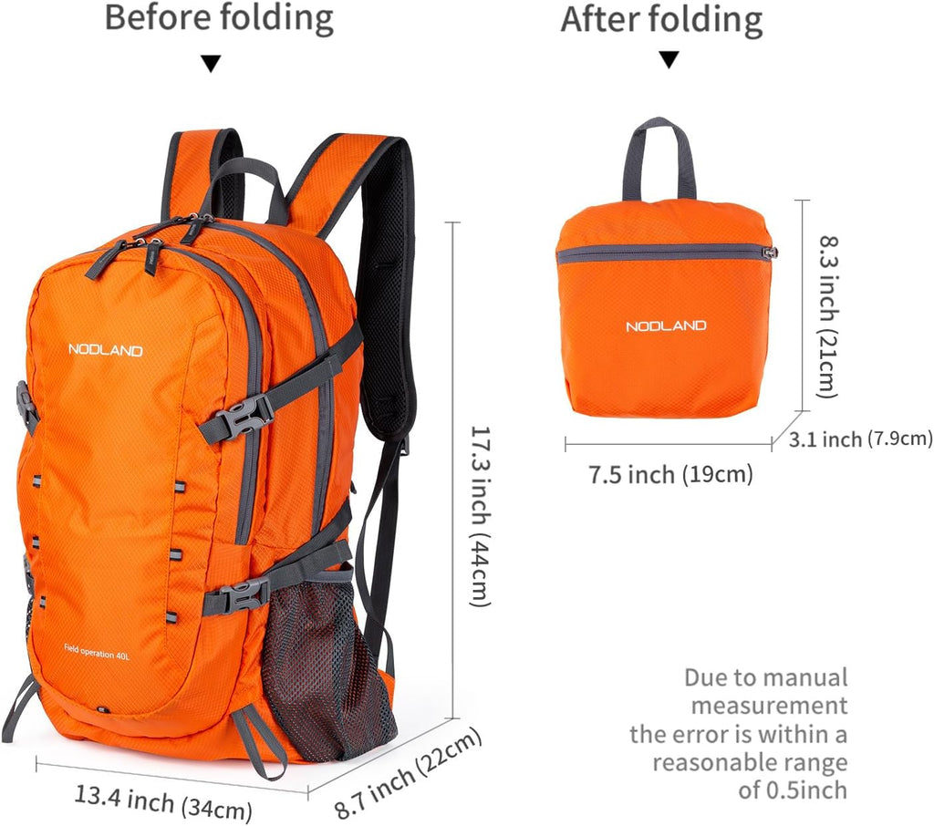 NODLAND Lightweight Backpack, Travel 40L Foldable Water-Resistant Daypack, Hiking Outdoor Camping Rucksack for Men Women
