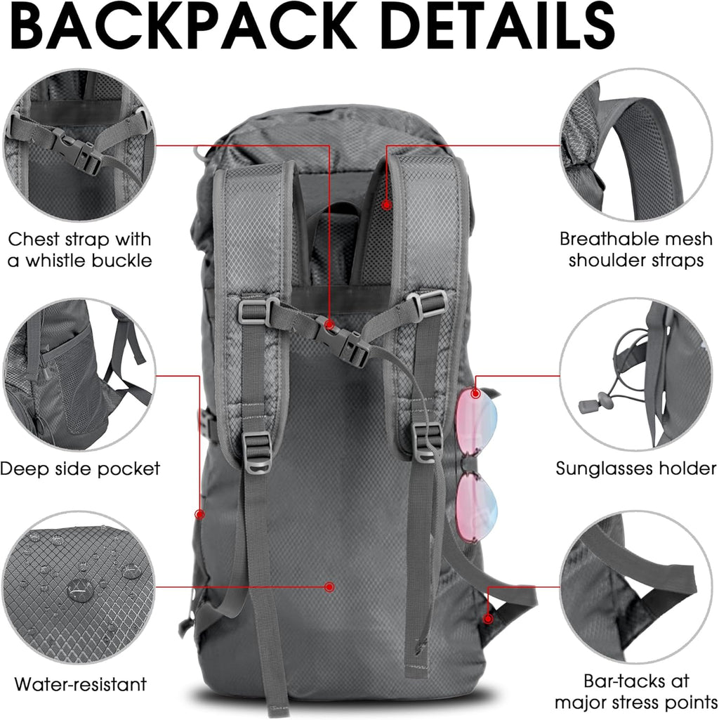 Portable Hiking Backpack,Lightweight Packable Hiking Daypack,Water Resistant Carry on Backpack for Travel Camping Outdoor (32L, Sliver)