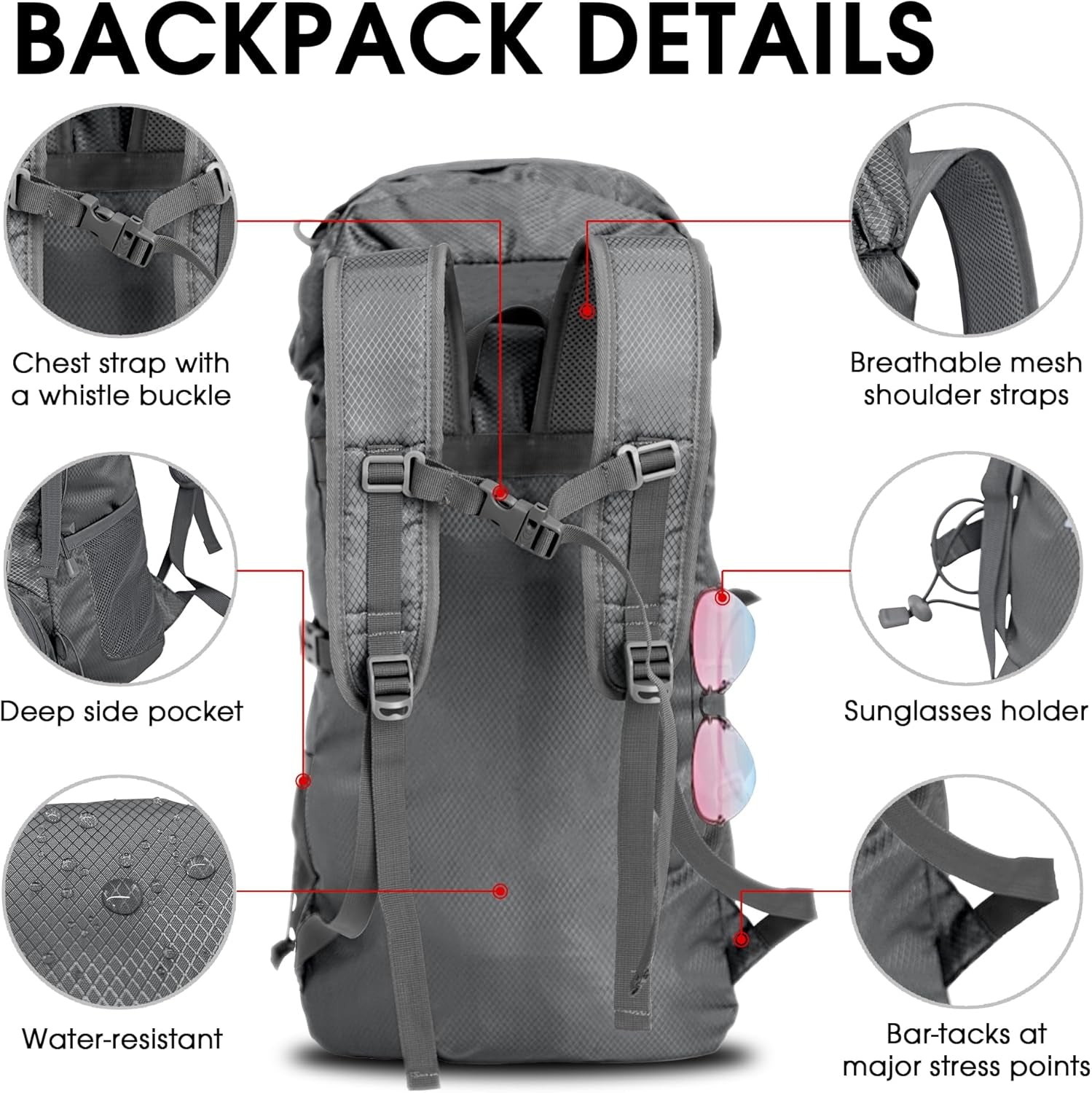 Portable Hiking Backpack,Lightweight Packable Hiking Daypack,Water Resistant Carry on Backpack for Travel Camping Outdoor (32L, Sliver)