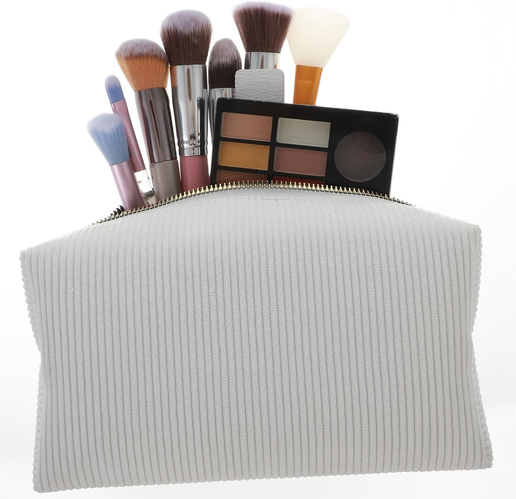 Makeup Bag Travel Cosmetic Bag, White Stripes Makeup Pouch for Women Travel Makeup Organizer Bag, Small Plush Make up Pouch Purse Cosmetic Bags Toiletry Skincare Bag