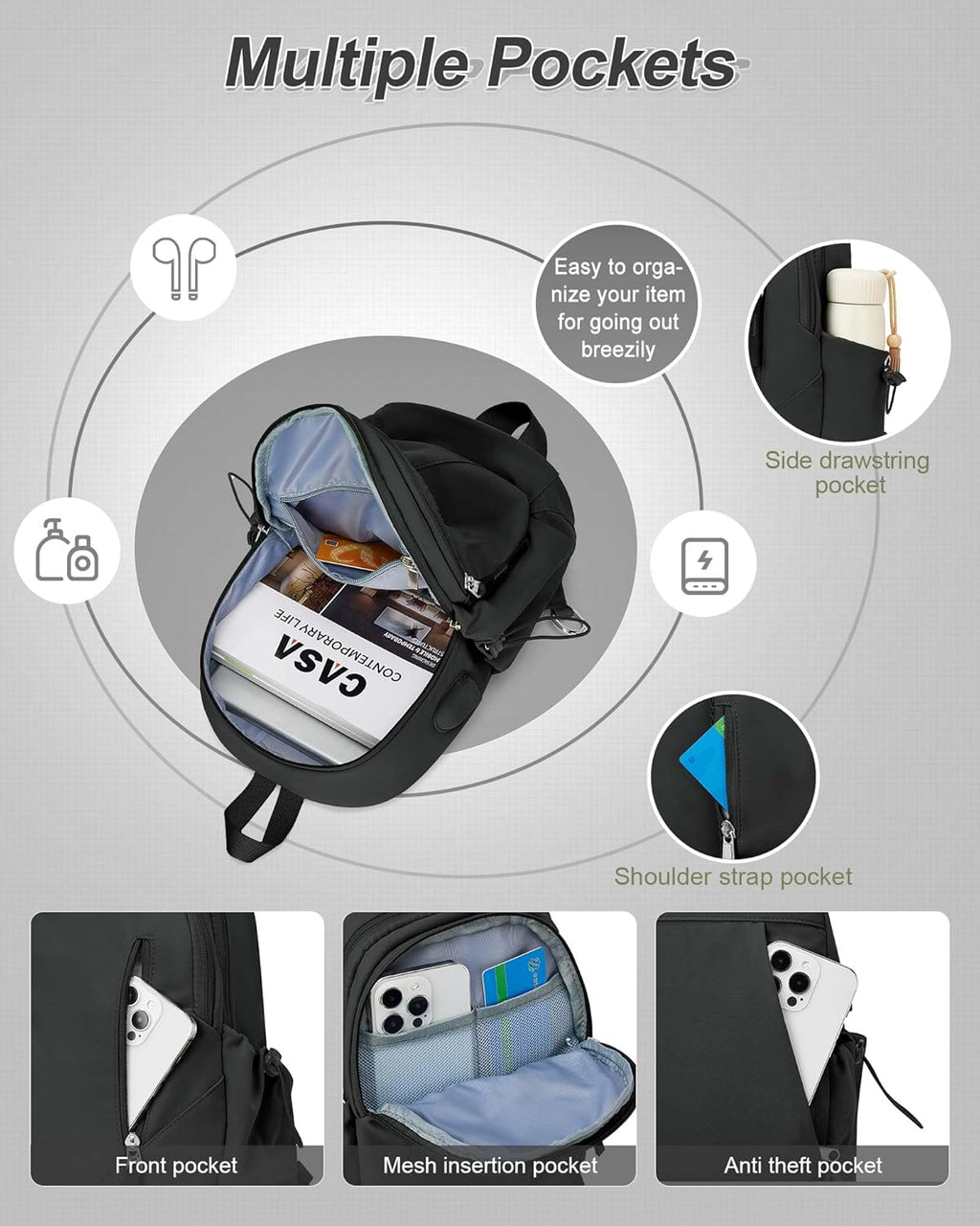 Small Black Sling Crossbody Bag for Men Women, Tactical Backpack Shoulder Daypack Mini Anti-Theft Motorcycle Chest Bags, Small One Strap Backpack for Casual Travel Hiking Outdoor Sports