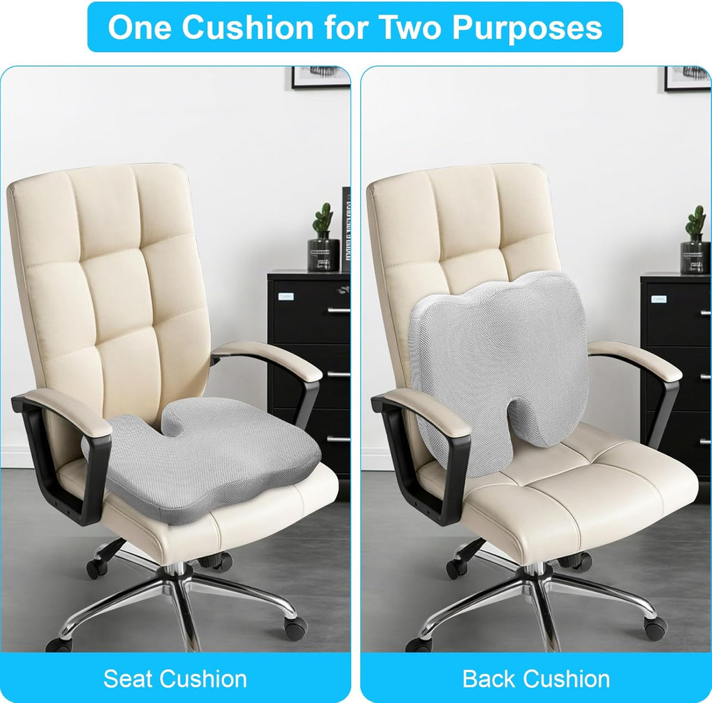 Memory Foam Seat Cushion, Back Support, Coccyx Sciatica Back Hip Pain Relief, Mat for Home, Office Chair, Gaming, Car, Wheelchair (Gray)