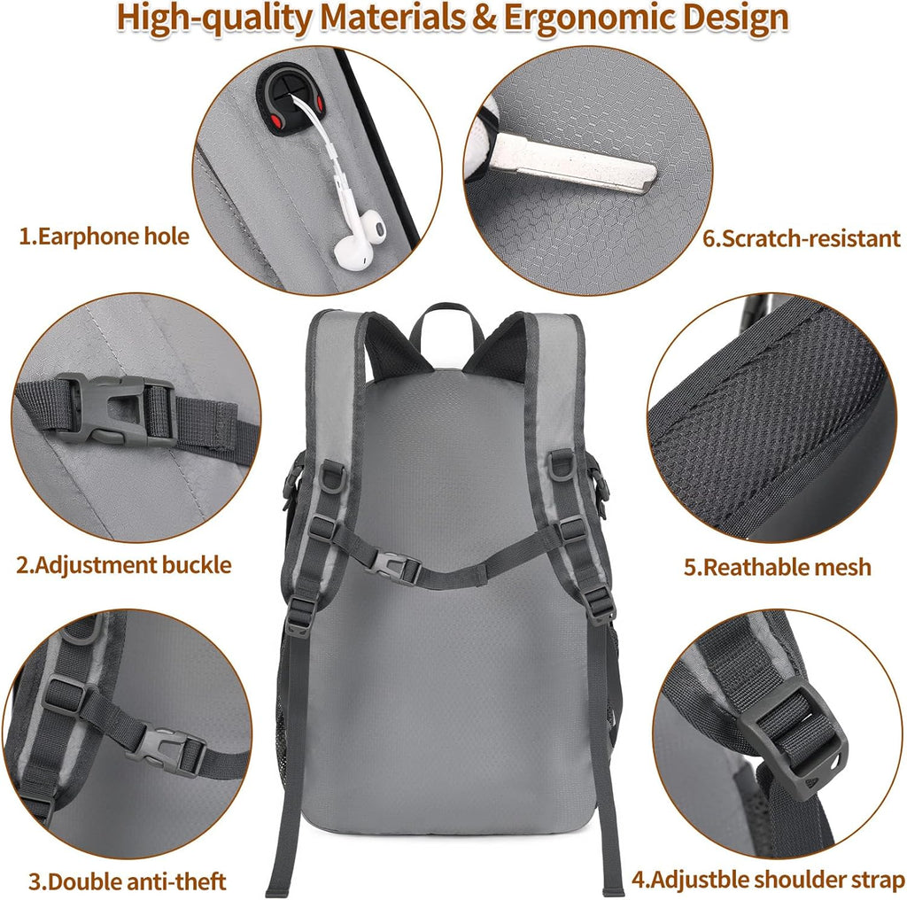 30L Lightweight Packable Backpack Small Foldable Hiking Backpack Waterproof Daypack Travel Camping Outdoor for Women Men Valentines Day Gifts(Lgiht Grey)