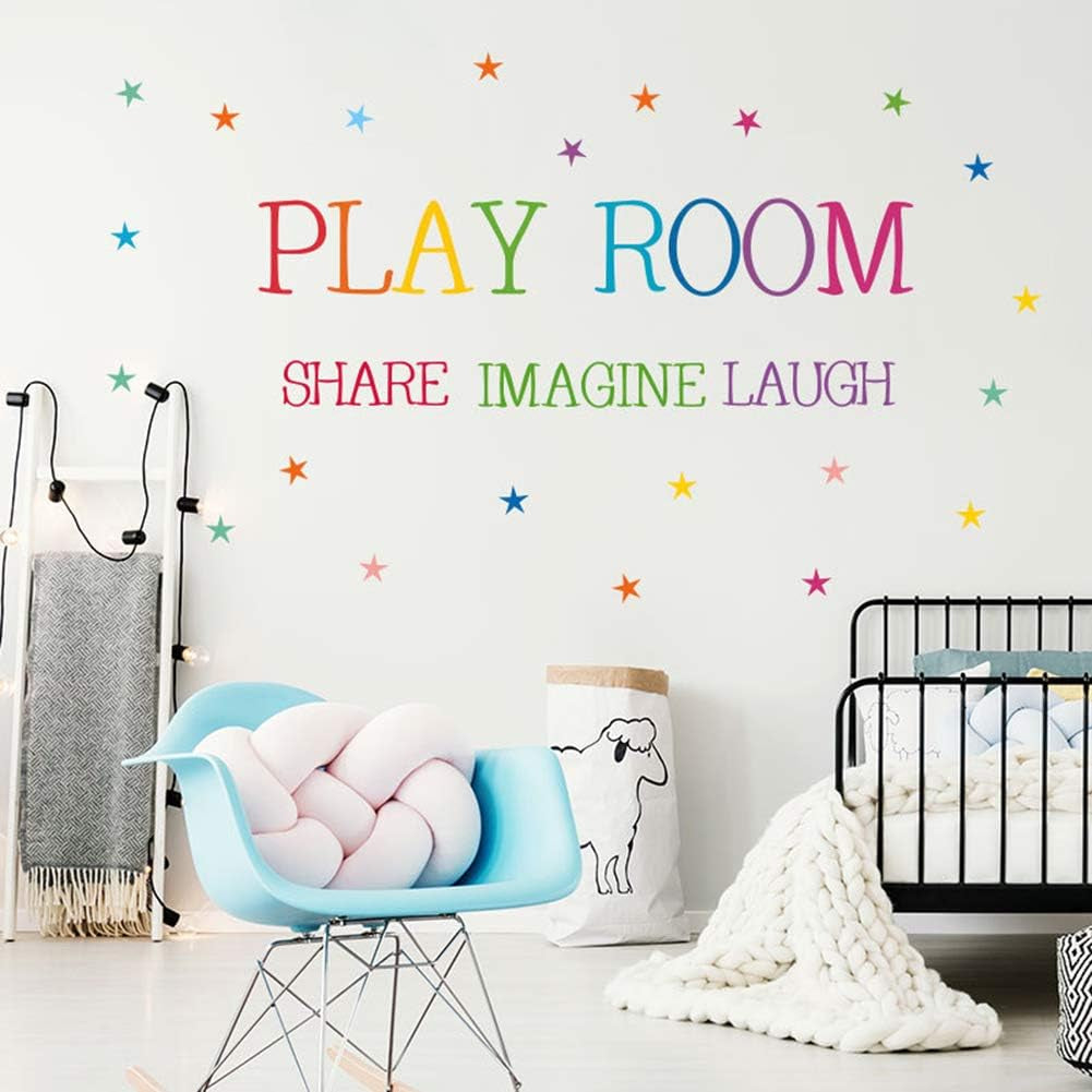 Playroom Share Imagine Laugh Wall Art - Colorful Inspirational Lettering Quote with Stars Wall Decal Sticker for Nursery Classroom Playroom Decoration (Play Room)