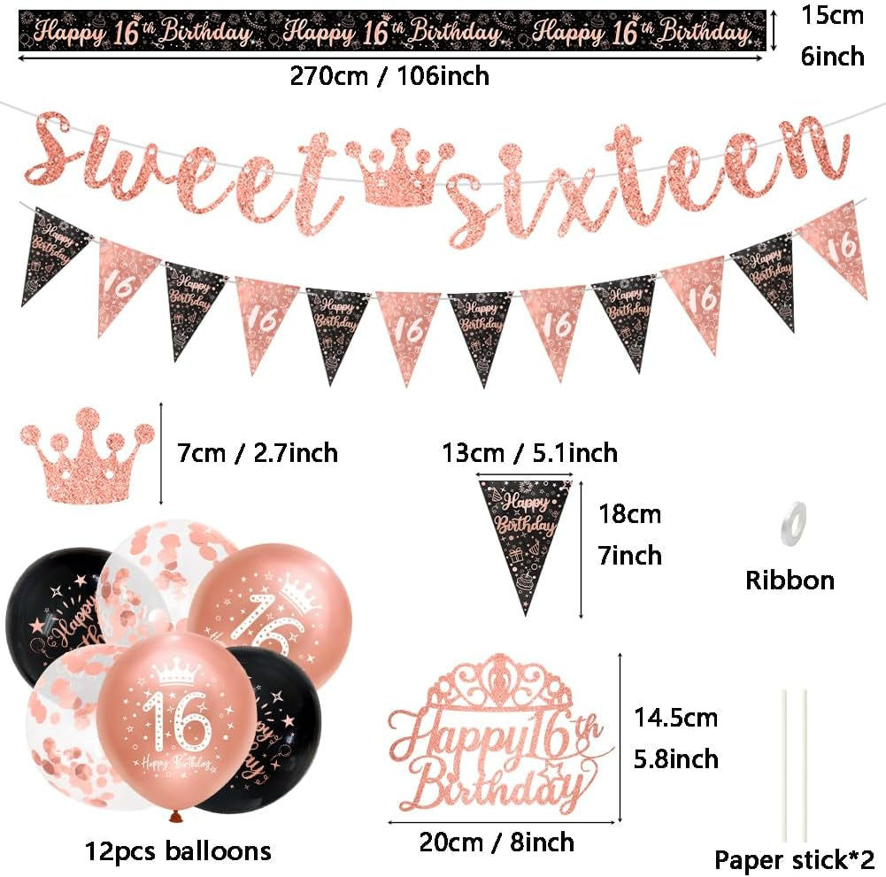 Girls 16Th Birthday Decorations Black Rose Gold Sweet Sixteen Decorations 16 Pack Girls Happy 16Th Birthday Banner Bunting Kit by