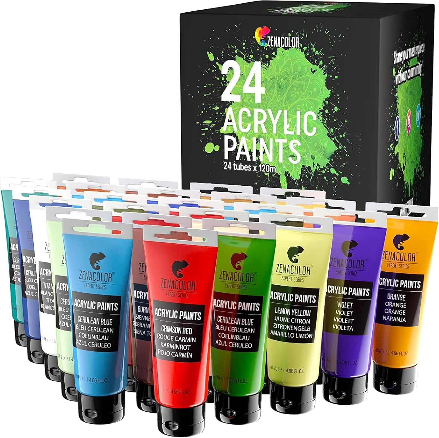 Set of 24 Acrylic Paints, 24 X 120 Ml Tubes, 24 Colours Paint for Canvas, Wood, Arts and Crafts, for Adults