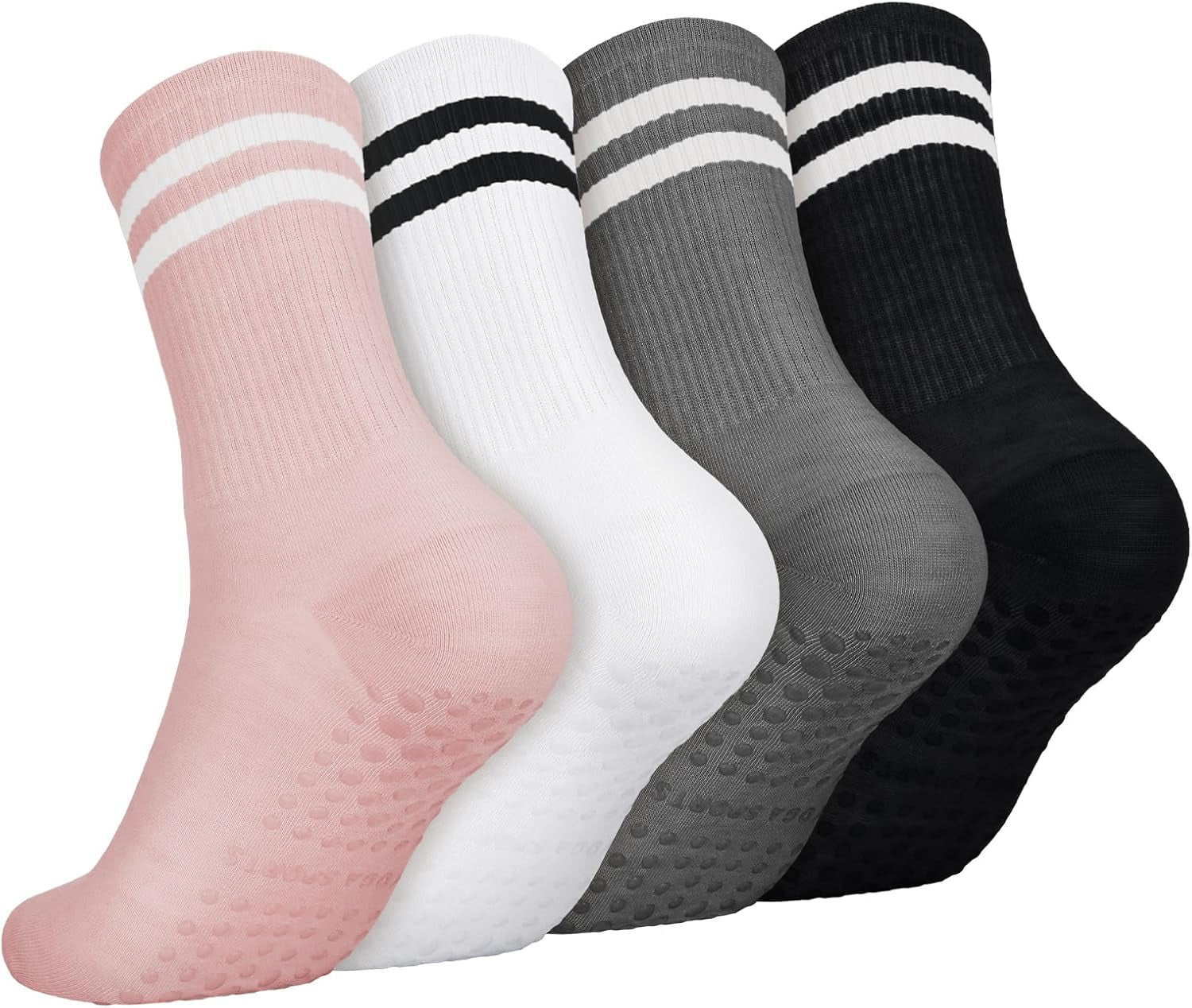 4 Pairs Yoga Grip Socks Women, Non Slip Pilates Socks Grippy Socks Ladies Mid-Calf Grip Socks Breathable Cotton Socks for Ballet, Dance, Workout, Fitness, Running