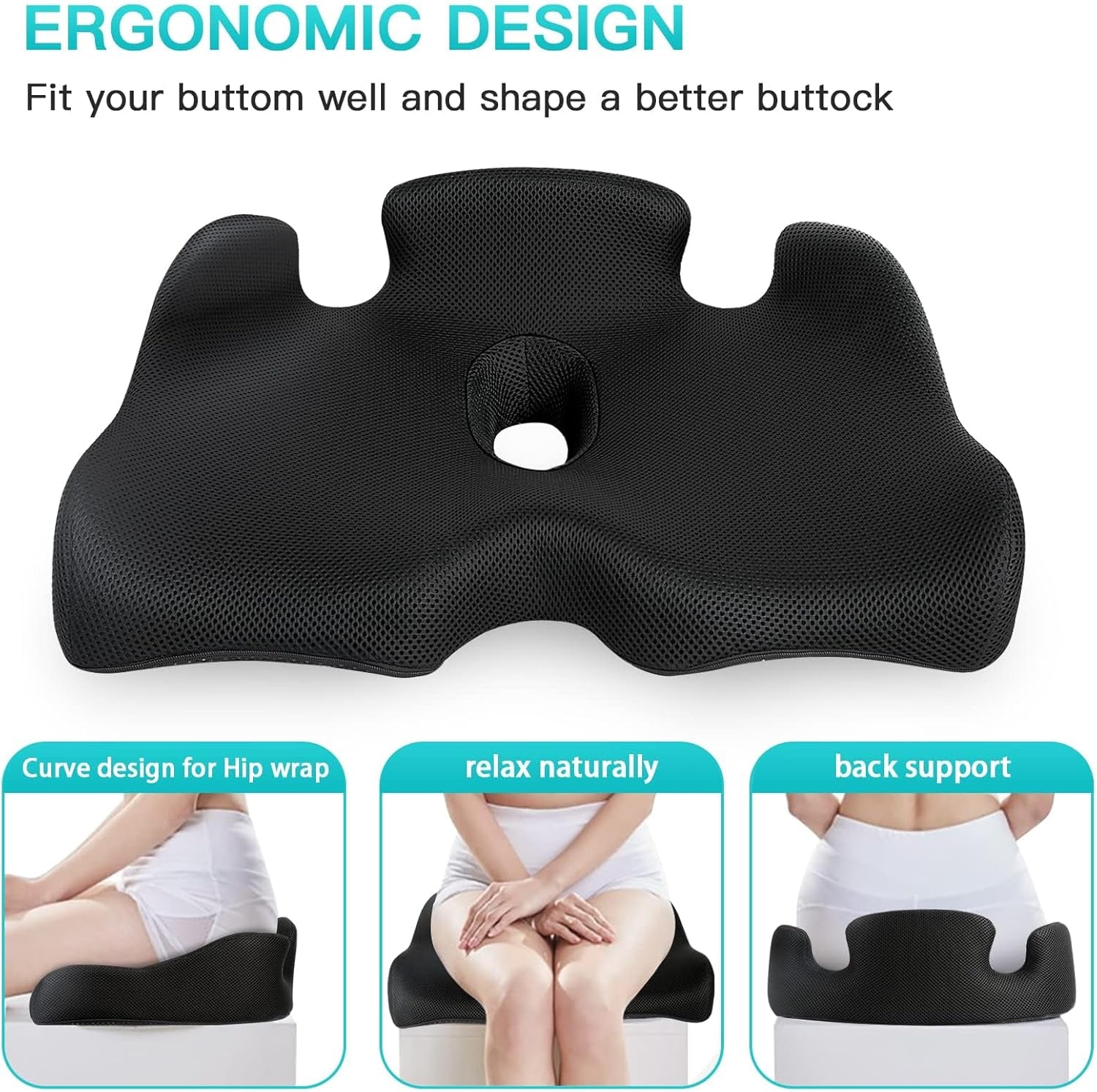Memory Seat Cushion for Office Chair Sciatica & Back Pain Relief Memory Foam Firm Coccyx Pad for Car, Wheelchair, Gaming Chair and Desk Chair, Black