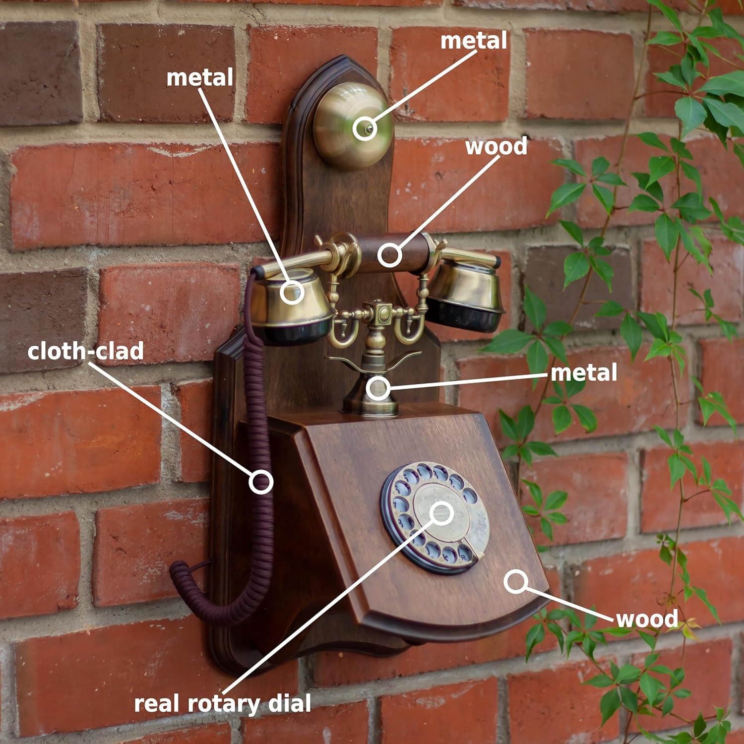 Opis 1921 Cable Model D: Wall Mounted Real Wood Desktop Retro Landline Rotary Phone in the Style of an Antique Vintage Dial House Telephone