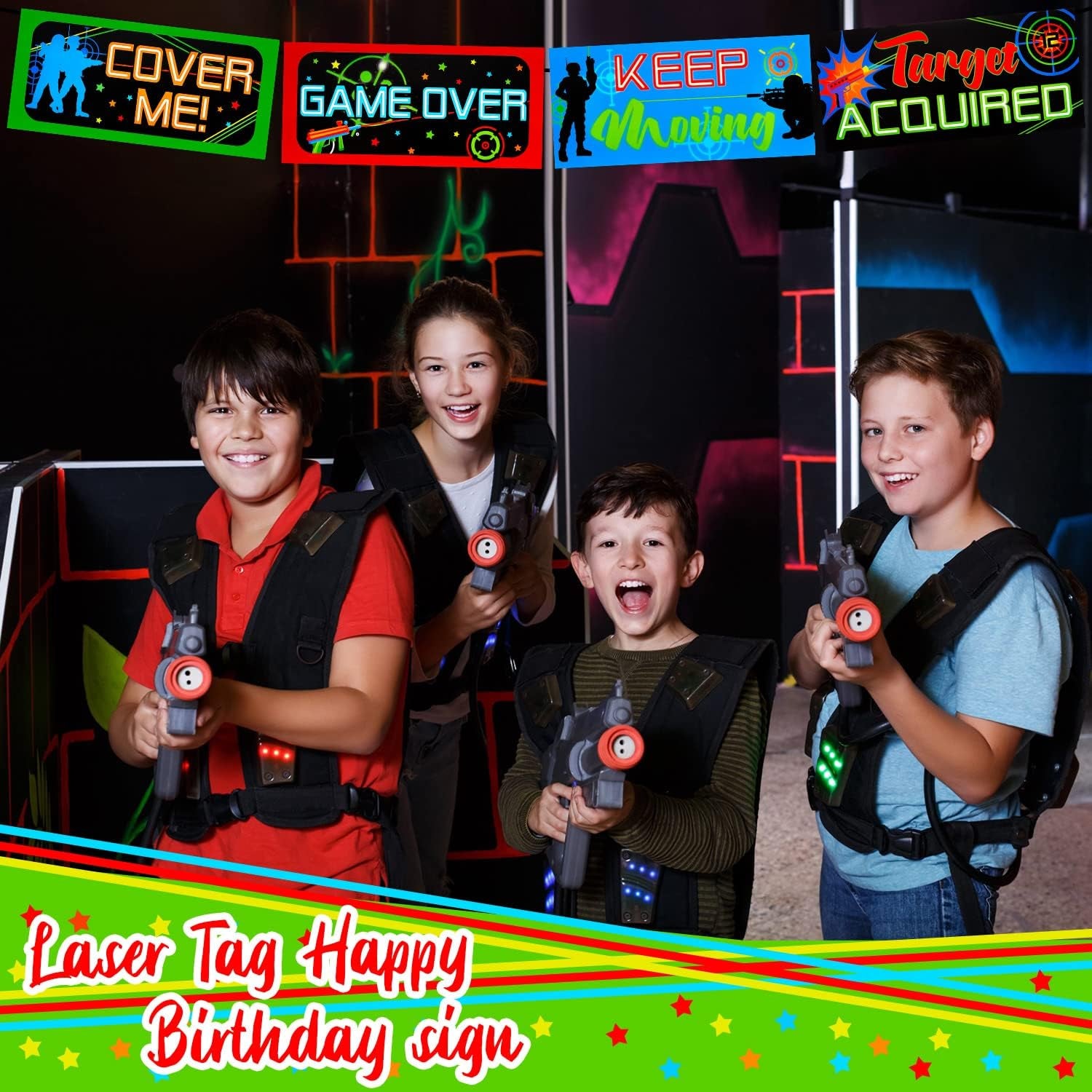 20 Pieces Laser Tag Party Decorations Signs Laminated Signs Laser Tag Party Favors for Boys Wall Decorations Birthday Neon Glow Photography Banner Photo Booth Props