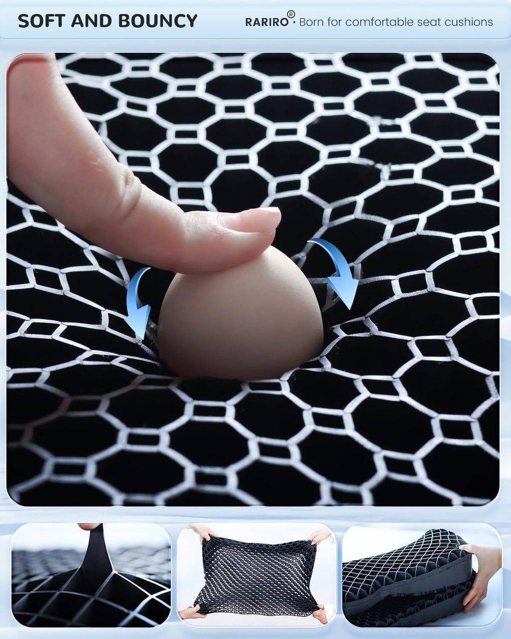 Gel Seat Cushion, Pressure Cushion for Coccyx Sciatica, Honeycomb Office Chair Soft Sitter Cushion Desk Chair Cushion for Long Sitting, Ergonomic Car Wheelchair Seat Cushions Car Double Thick