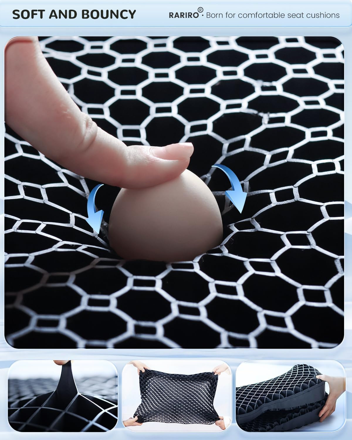 Gel Seat Cushion, Pressure Cushion for Coccyx Sciatica, Honeycomb Office Chair Soft Sitter Cushion Desk Chair Cushion for Long Sitting, Ergonomic Car Wheelchair Seat Cushions Car Double Thick