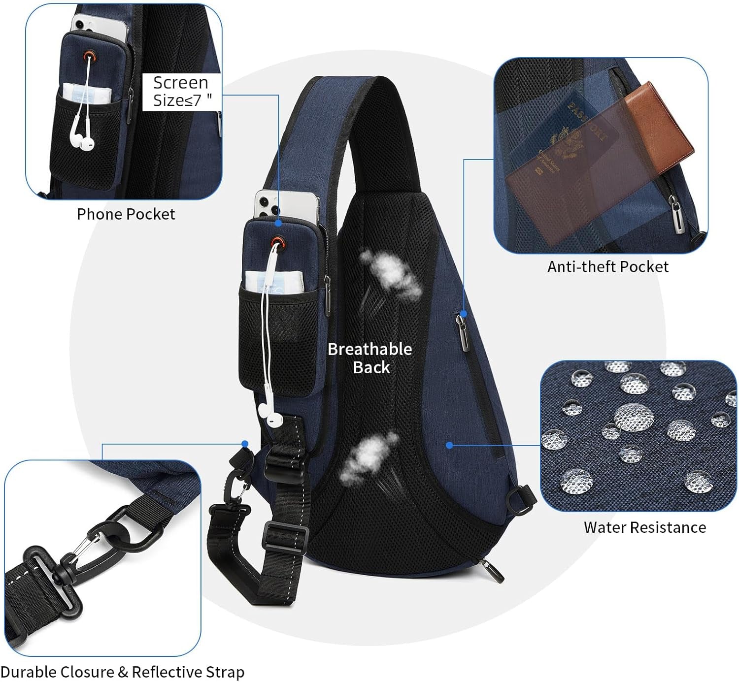 Sling Backpack, 8 Pockets Sling Bag Crossbody, 19L Large Sling Bag for Men Travel Crossbody Backpack Hiking Outdoor