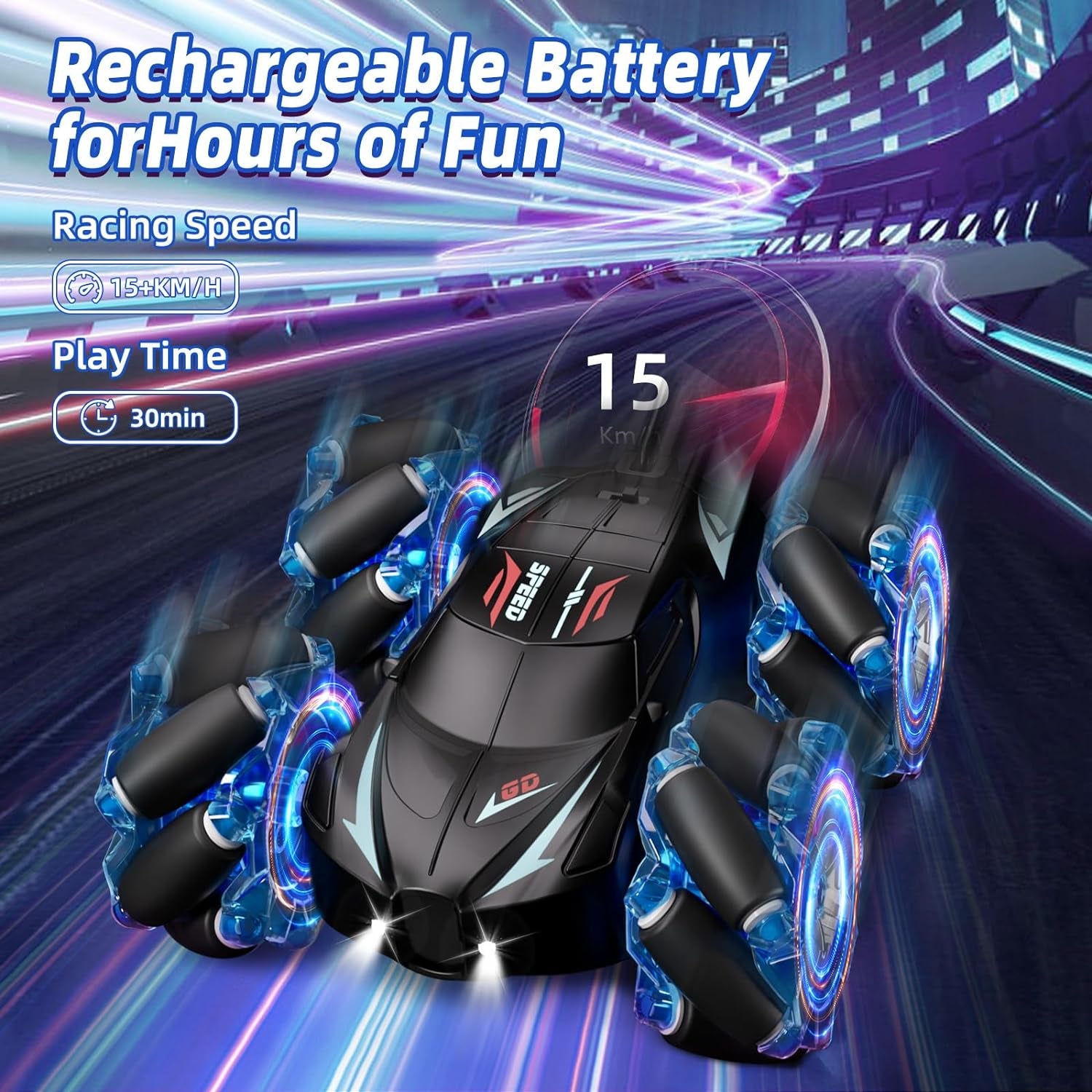 RC Stunt Car, 2.4Ghz 4WD Gesture Sensing Remote Control Car with Cool Light and Music, Double-Sided 360° Flips RC Cars for Boys Age 6-12 8-12 Birthday Christmas Toy Cars(Blue)