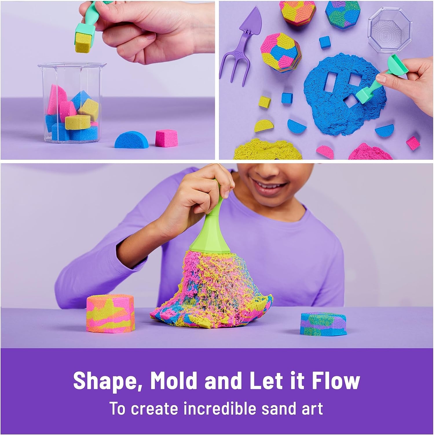 , Squish N’ Create Playset with 13.5Oz Blue, Yellow & Pink Play Sand, 5 Tools, Sensory Toys for Kids Ages 3 and Up