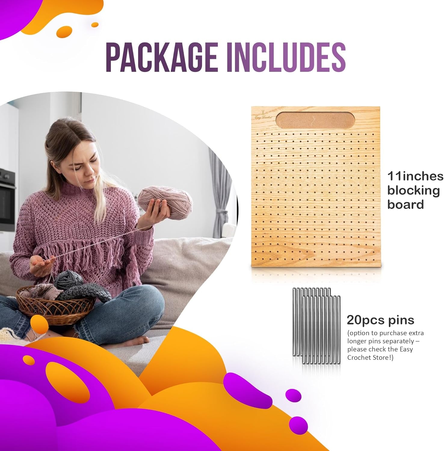 - Blocking Board for Crochet and Knitting - Wooden Blocking Mats for Knitting 20 Stainless Steel Pins and Pin Holder | Bonus Crochet E-Book - 11 X 9 Inches
