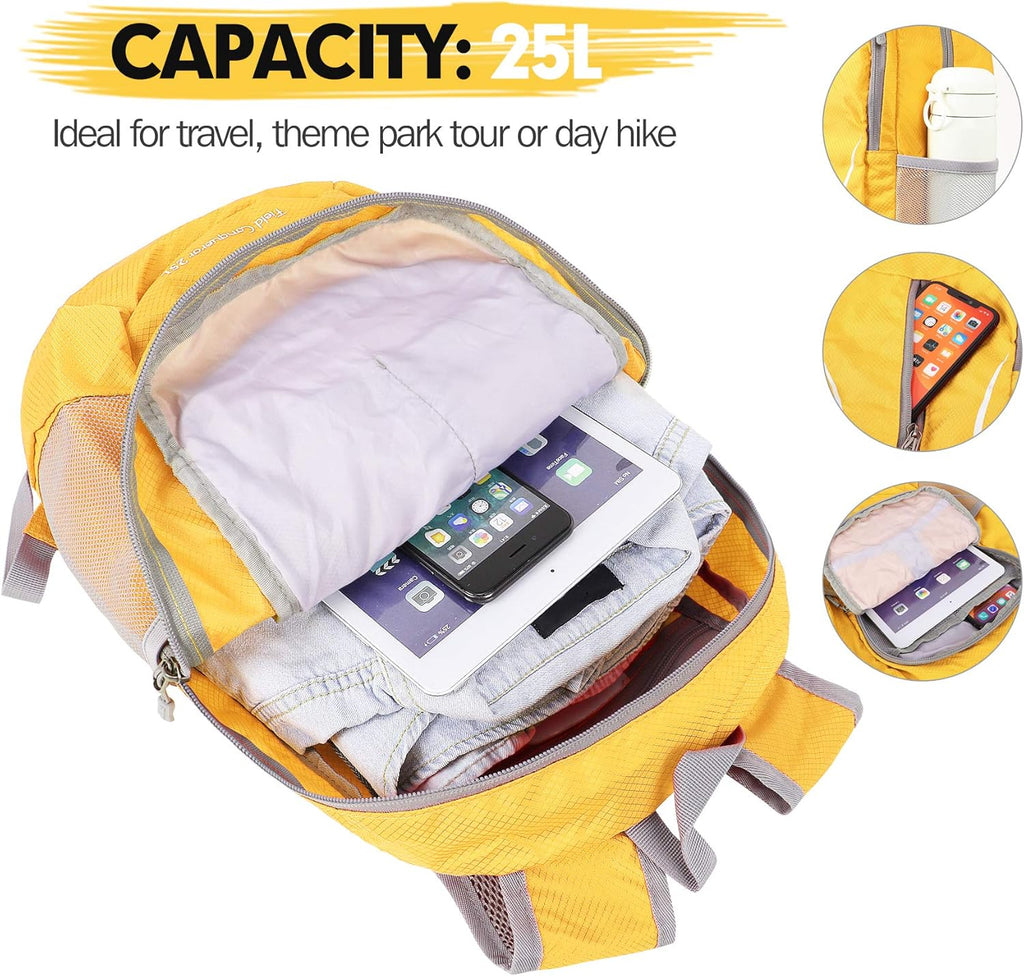 Ultra Lightweight Packable Backpack 25L, Foldable Hiking Backpacks Water Resistant Small Folding Daypack for Travel(Yellow)