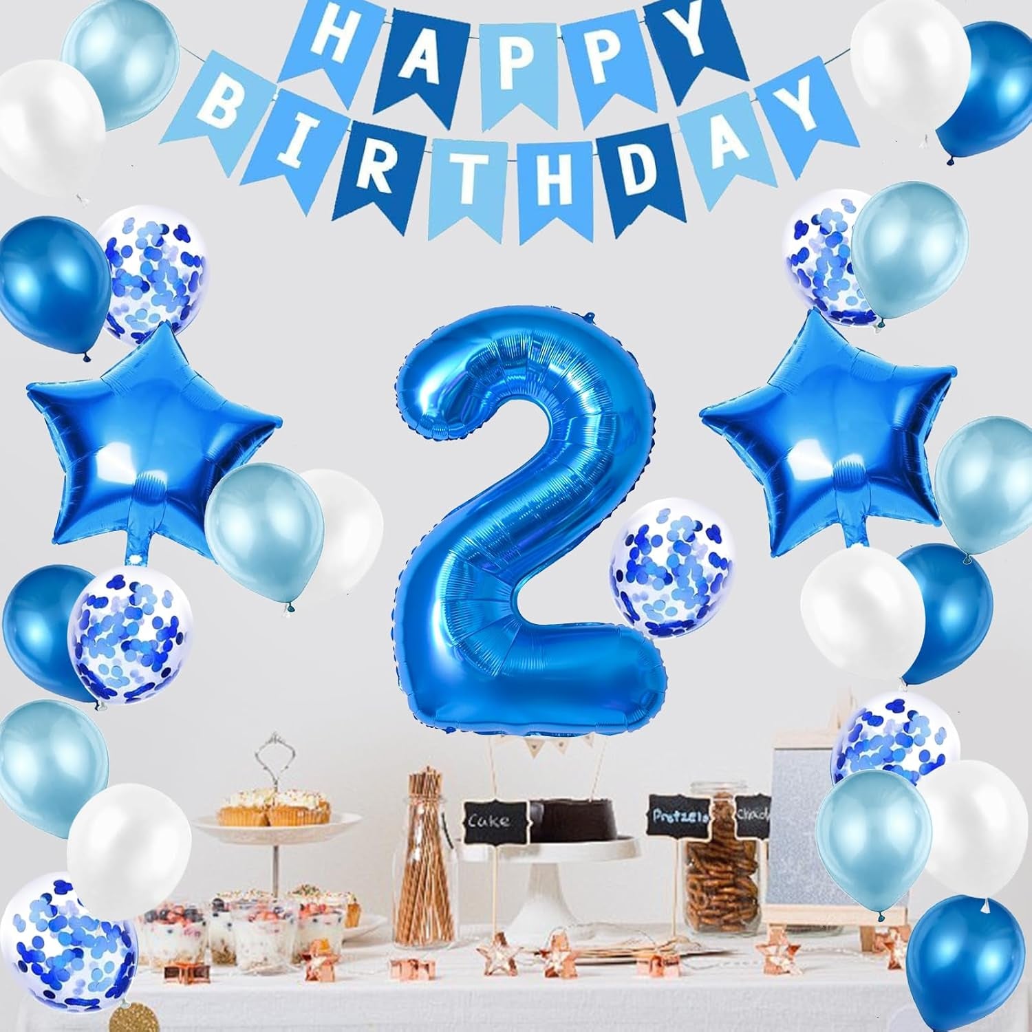 2Nd Birthday Decorations for Boys, Number 2 Balloon, Blue Silver 2Nd Party Decorations, Happy Birthday Bunting Banner, 32Inch Foil Number 2 Balloons Set for Birthday Party Anniversary Decorations