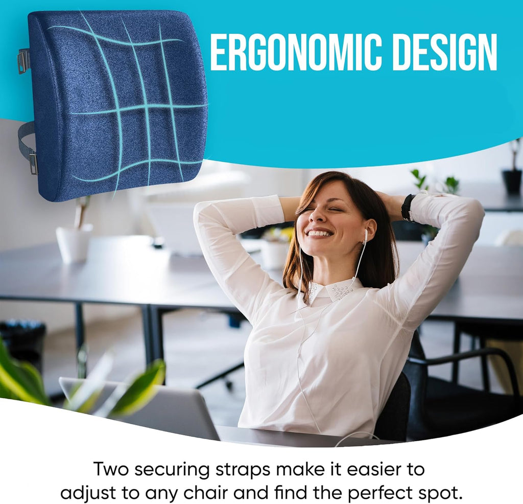 Lumbar Support Cushion, Back Support for Office Chair and Car Seat, Back Rest for Gaming Chair, Memory Foam Pillow, Desk Chair Cushion, Breathable & Washable Cover, Adjustable Straps