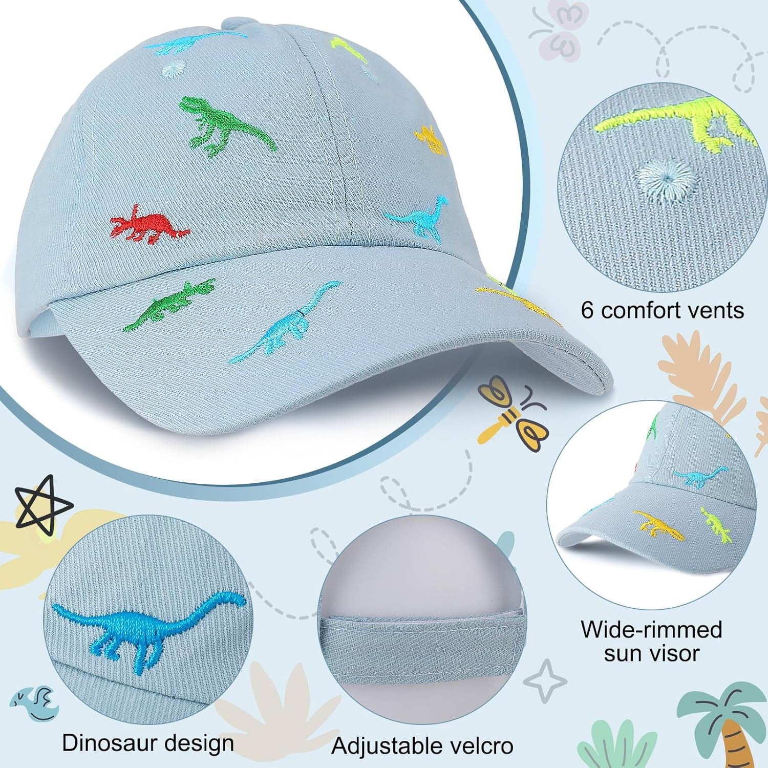 2Pcs Kids Summer Baseball Cap, Dino Baseball Cap, Sun Hat for Boys, Golf Baseball Sports Cap, for 2-5 Years Boy Girl Baby White, Blue