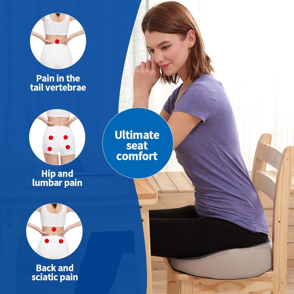 Memory Foam Seat Cushion for Office Chair, Home Chair, Car Seat, Airplane, Wheelchair, Pain Relief for Long Sitting, Non-Slip Bottom, Removable Cover