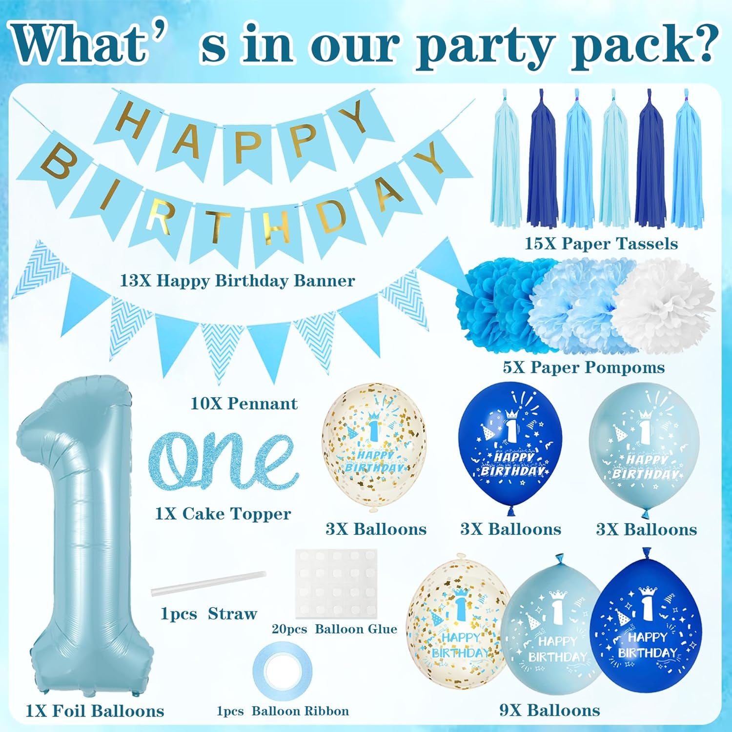 1St Birthday Decorations for Boys Blue - First Balloons Happy Birthday Banner One Cake Topper Number 1 Balloon Tassel, Tissue Paper Pom Poms Decoration for 1 Year Old Baby Boy Party Celebration
