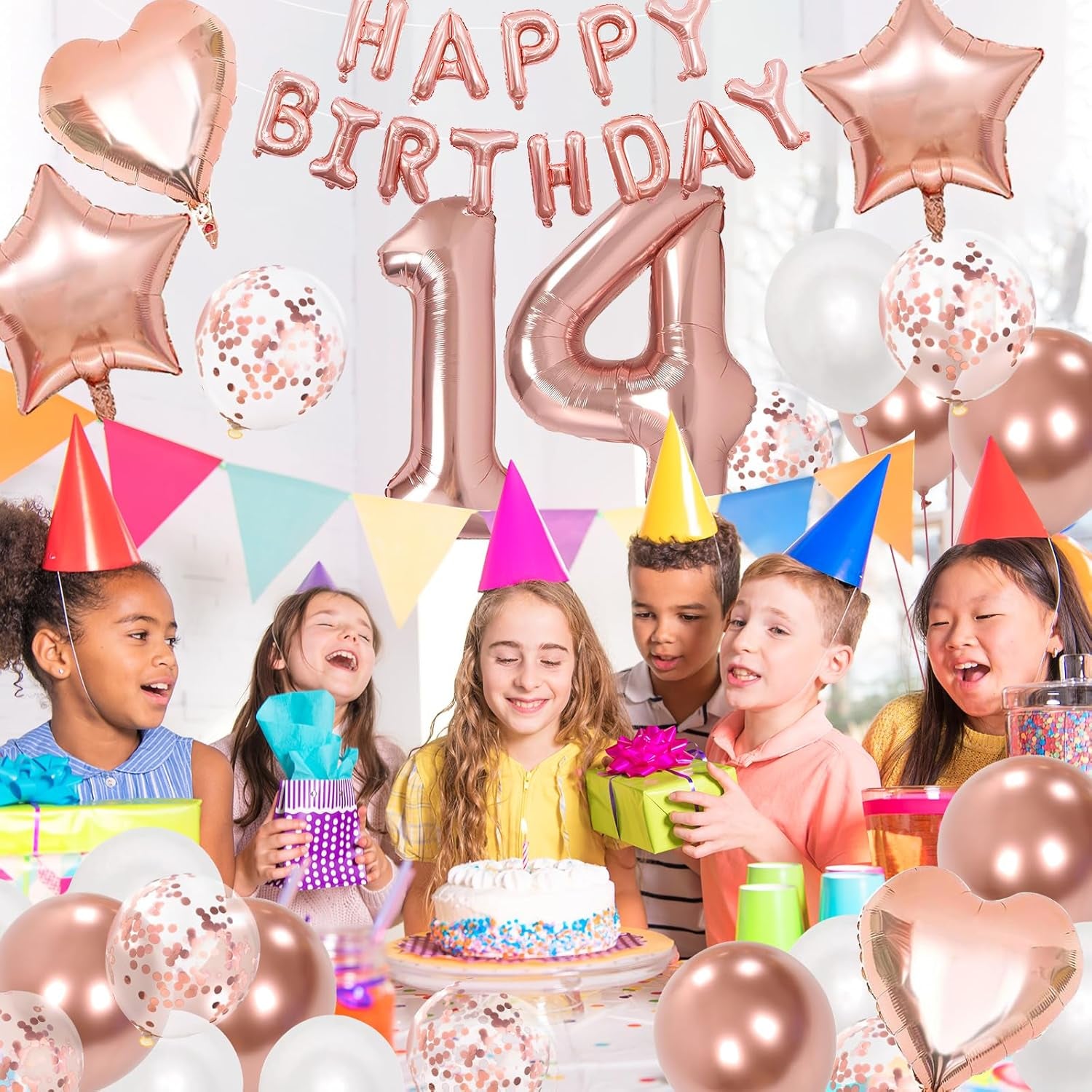14Th Birthday Decorations for Girls, Rose Gold 14Th Birthday Decorations, Rose Gold 32 Inch Number 14 Foil Balloon with Banner, Star Confetti Balloon for 14 Party Deko