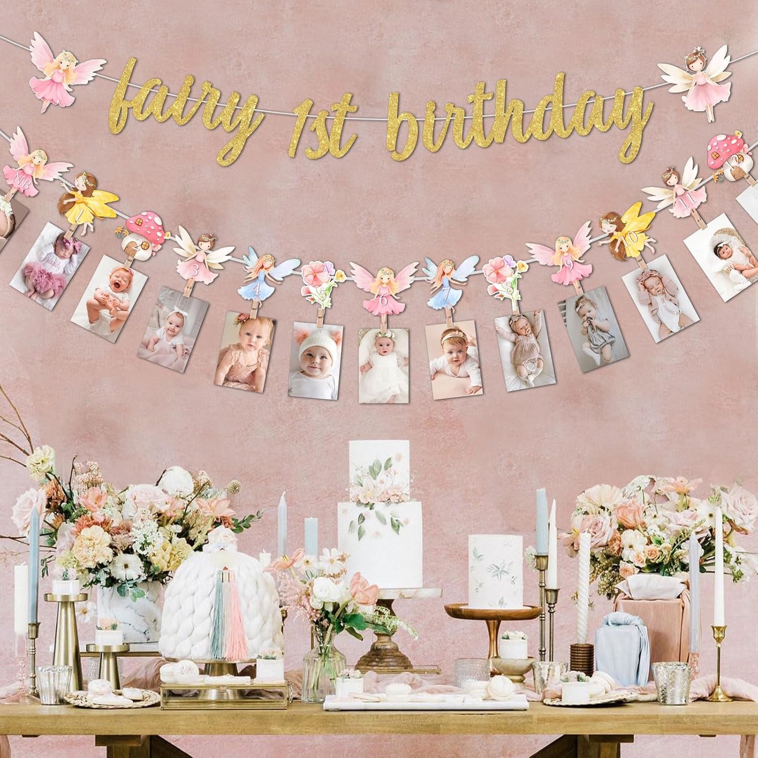 First Birthday Decorations Girl Fairy - 1St Birthday Banner, Monthly Photo Banner for Floral Fairy 1St Party Decorations, One Year Old Decorations for Baby Girl