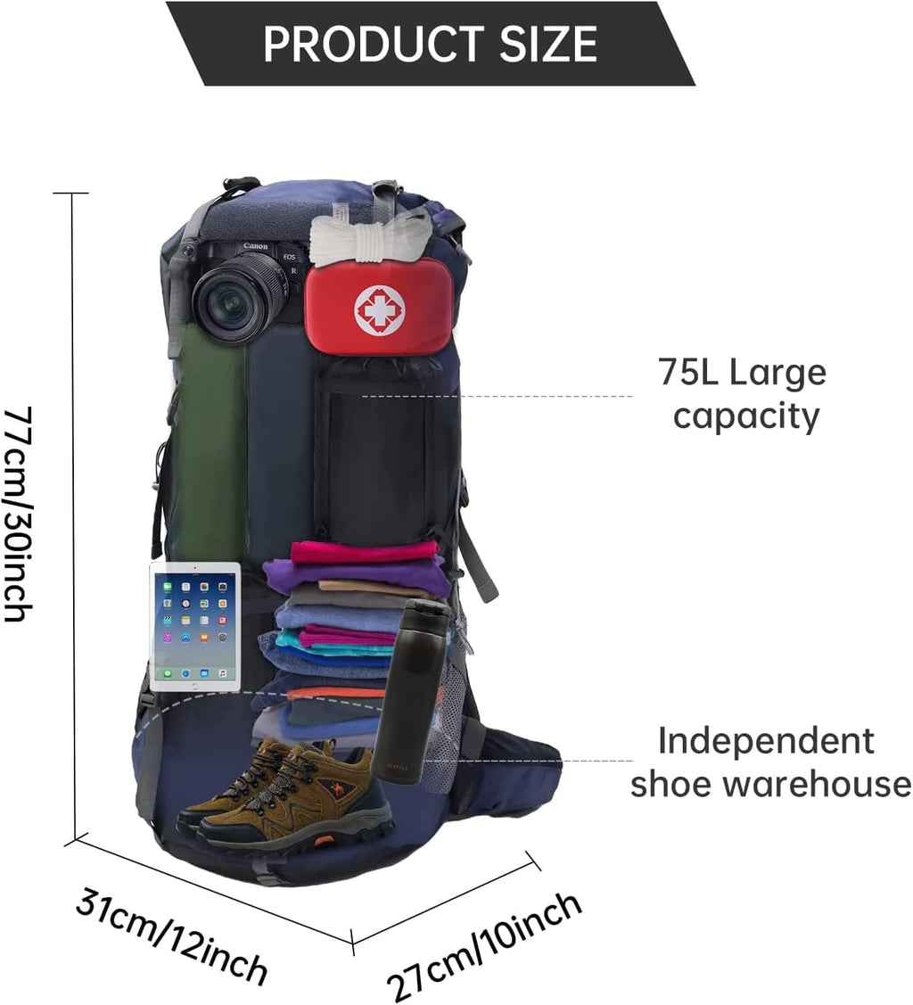 Hiking Backpack for Men and Women 70L+5L Waterproof Lightweight Camping Daypack with Rain Cover (75L Blue)