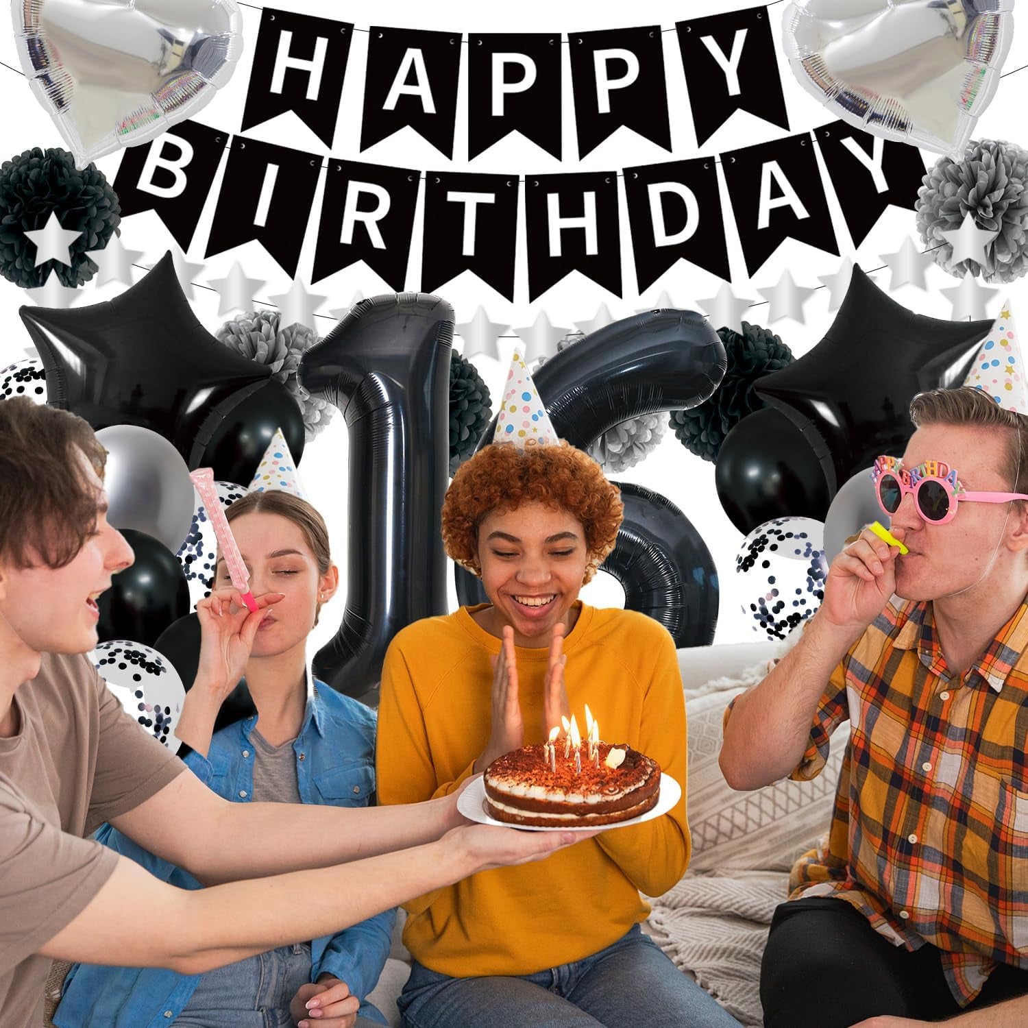16Th Birthday Decorations Boys Girls - 45PCS Black Silver 16Th Bday Balloons Decorations Set Happy Birthday Banner and Foil Star Balloons Supplies