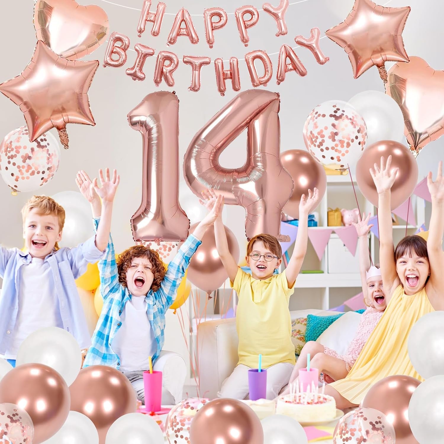 14Th Birthday Decorations for Girls, Rose Gold 14Th Birthday Decorations, Rose Gold 32 Inch Number 14 Foil Balloon with Banner, Star Confetti Balloon for 14 Party Deko