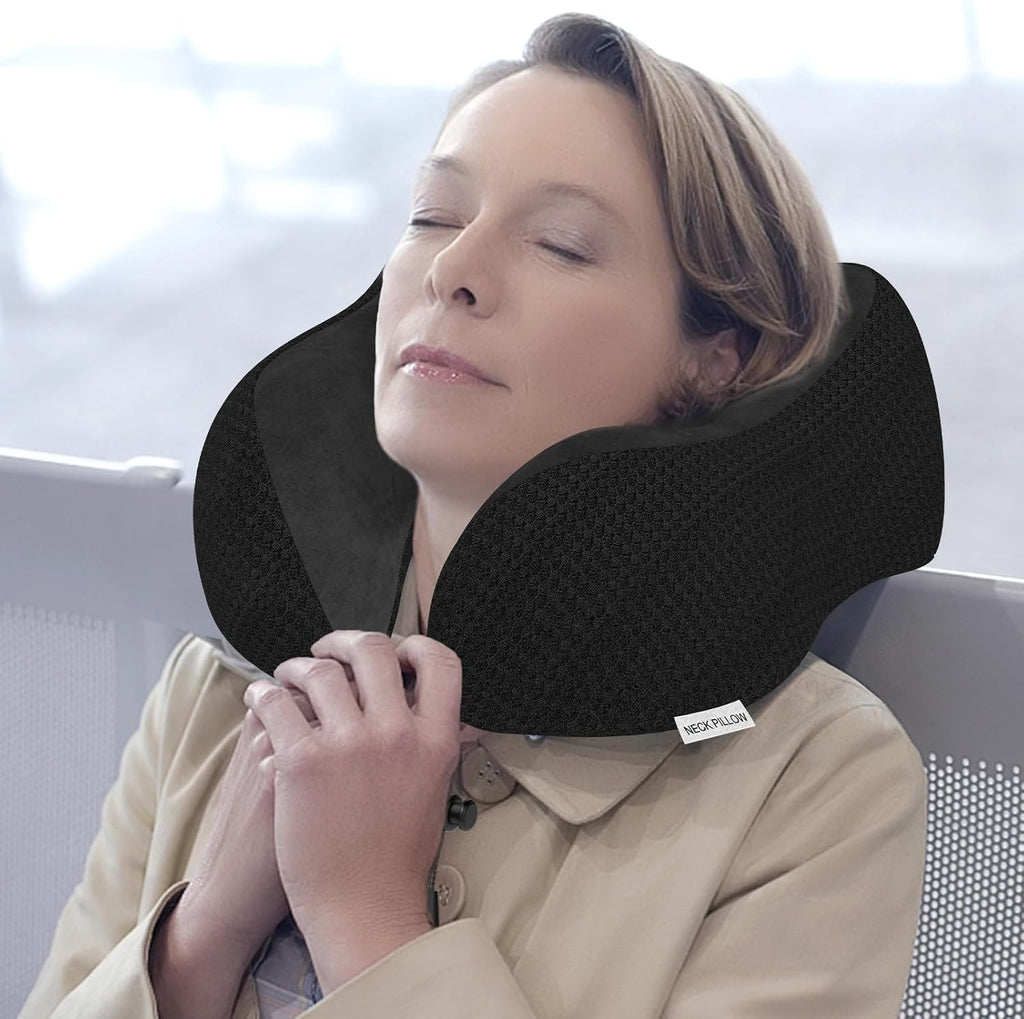 Travel Pillow Neck Pillow for Travel Airplane Memory Foam Flight Pillow for Cars, Trains, Home, Offices (Black)