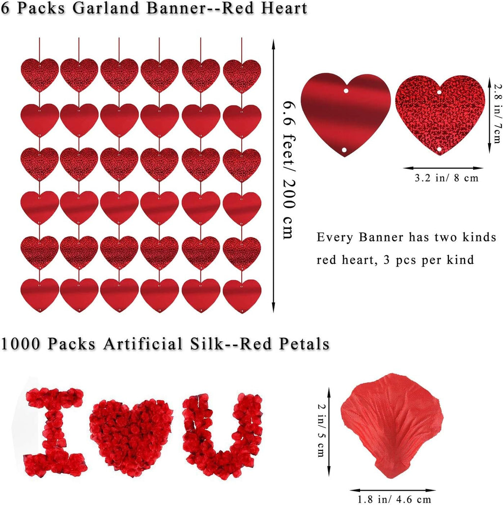 Valentines Day Decorations Kit 1000 Pcs Red Rose Petals 10 Pcs Heart Balloons 6 PCS Heart Garland I Love You Felt Garland Banner Table Runner for Valentines Day Decor Wedding Anniversary Engagement