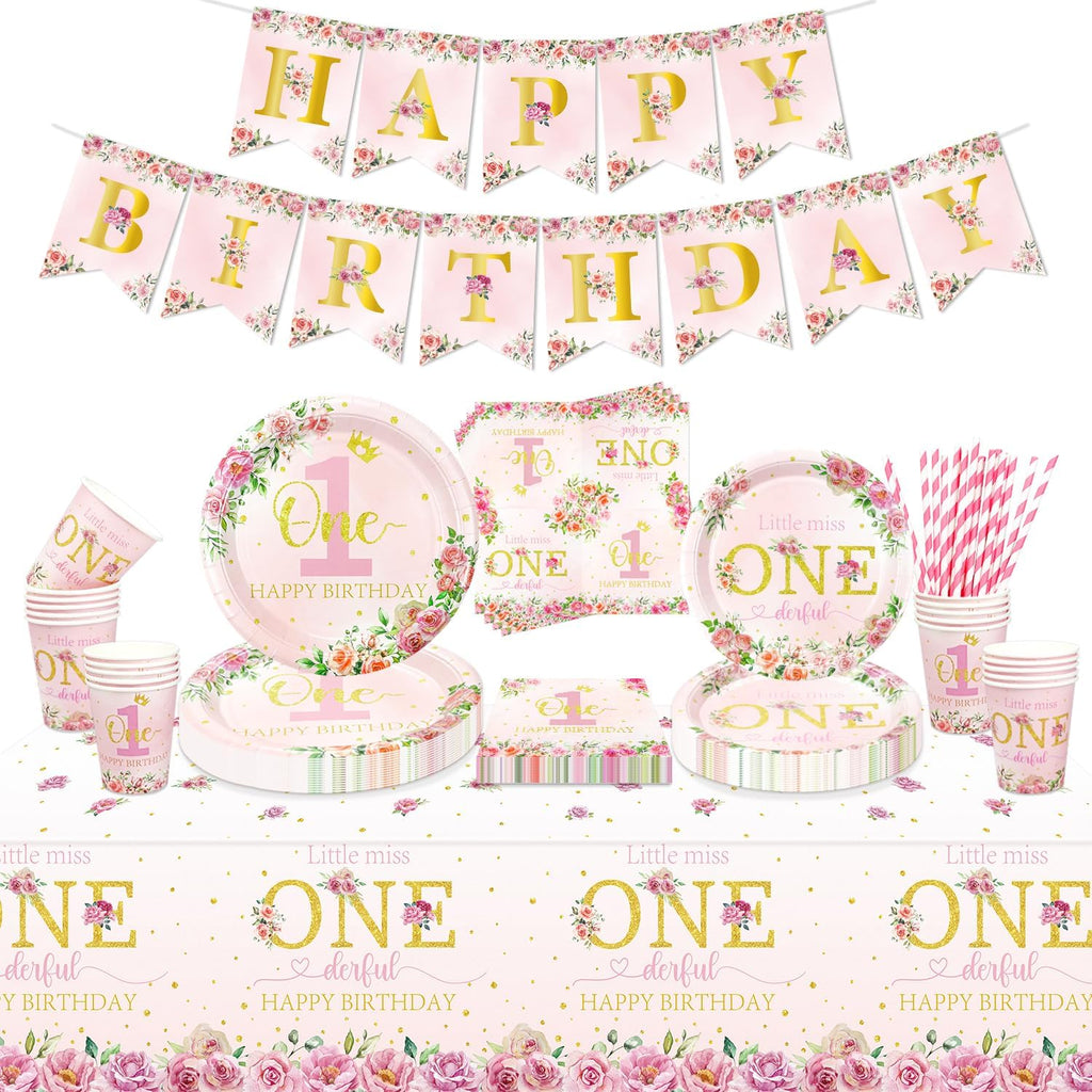 Floral 1St Birthday Party Decorations, Include Happy Birthday Banner, Paper Plates, Cups, Napkins, Little Miss Onederful Tablecloth for Girls First Birthday Party Decor Supplies, Serve 20 Guests