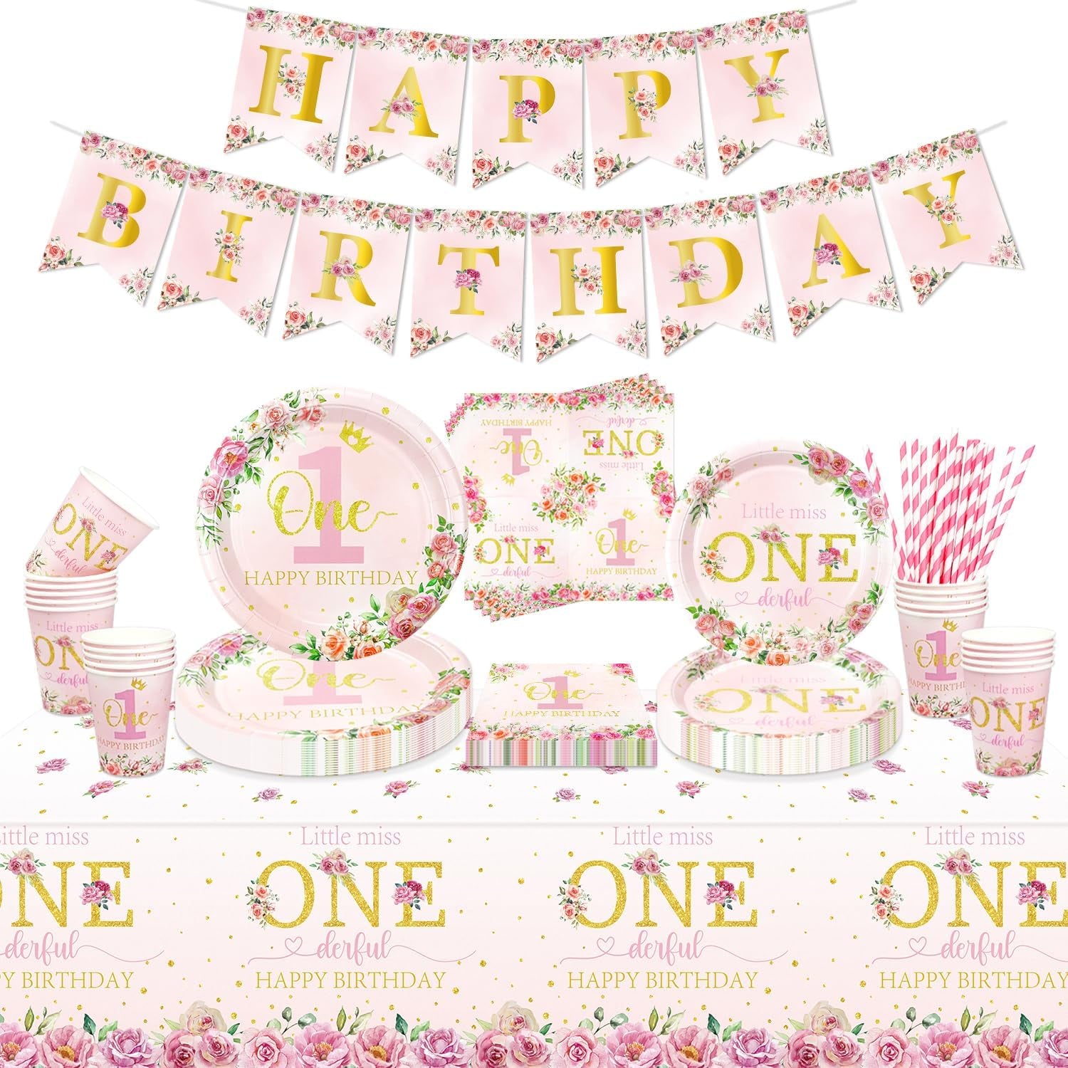 Floral 1St Birthday Party Decorations, Include Happy Birthday Banner, Paper Plates, Cups, Napkins, Little Miss Onederful Tablecloth for Girls First Birthday Party Decor Supplies, Serve 20 Guests