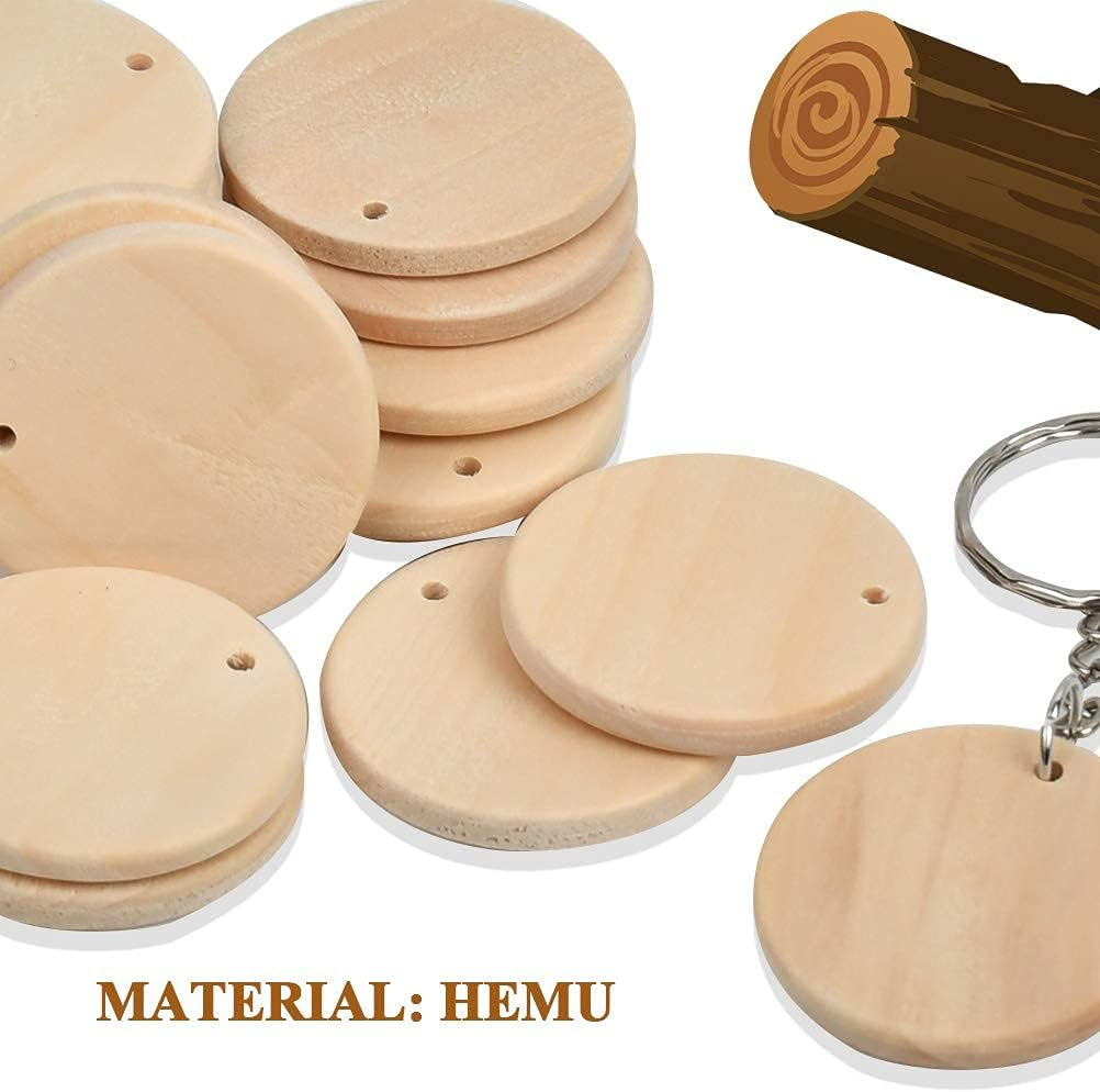 100Pcs Natural Wood Slices, 35Mm Unfinished Predrilled Log Discs Wooden Circles with 100Pcs Key Rings and a Box for DIY Crafts, Unfinished round Circles for Christmas Decorations Ornaments