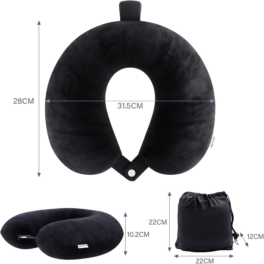 Travel Pillow Memory Foam Neck Pillow Lightweight Quick Pack for Airplane Train Car Travel Camping Neck Support Pillow (Black)