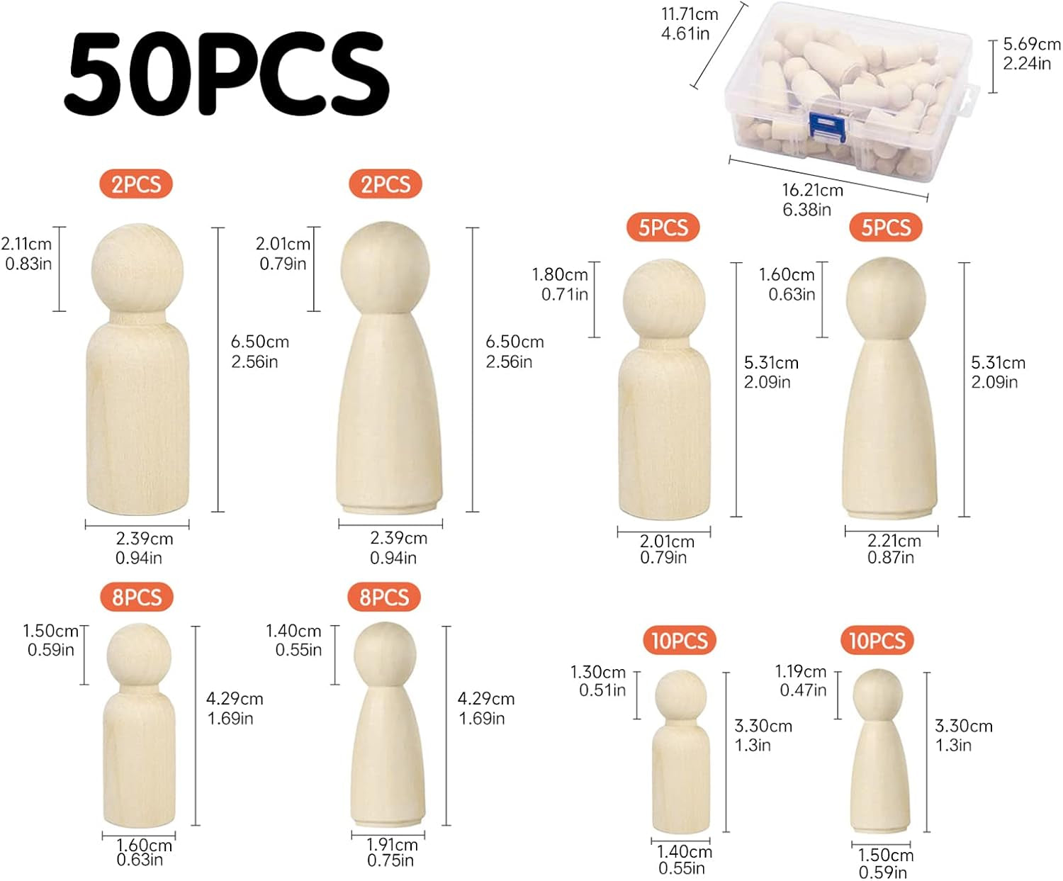Wooden Peg Dolls with a Storage Case, 50Pcs Unfinished Wooden People for DIY and Painting, Nature and Plain Wooden Figures for Craft Art Projects and Decoration, Graffiti Toy for Kids.