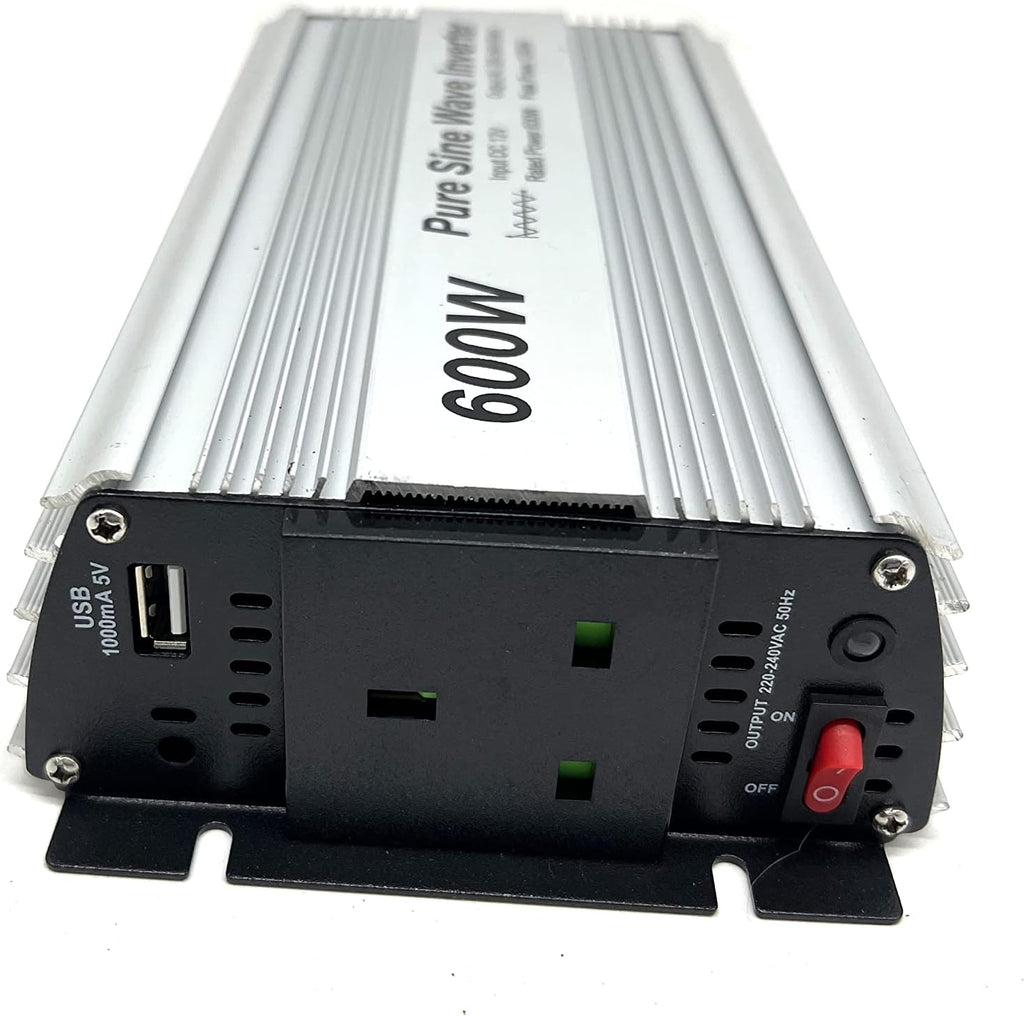 600W Pure Sine Wave Inverter 12V to 230V AC with BS Socket,Dc5V 2 Amp USB Output.